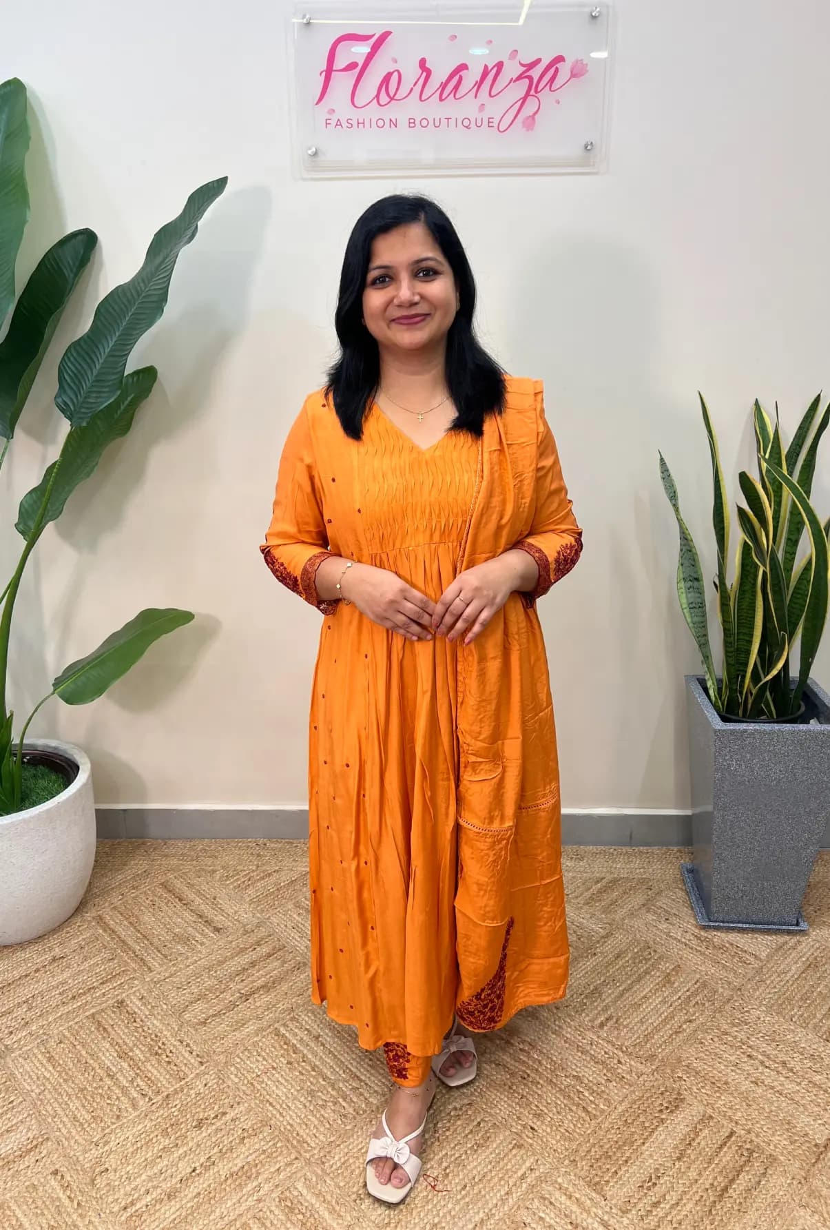Premium 3 piece set in  Pure Muslin Silk - Light Orange