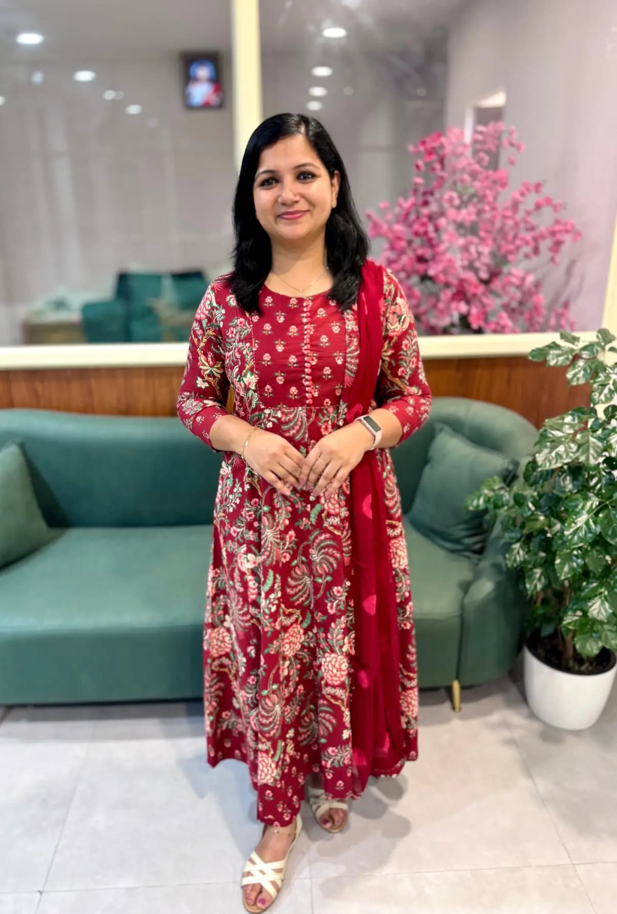 Anarkali 3 Piece Set in Printed Cotton - Reddish Maroon