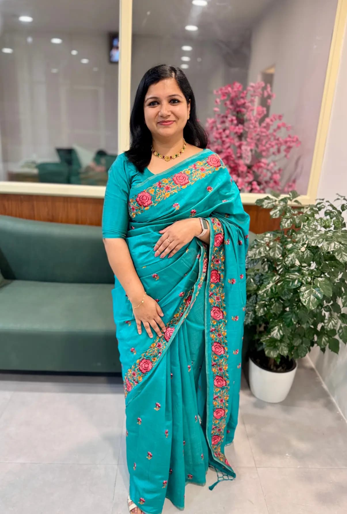 Saree in Semi-Kosa Tussar - Peacock Blue