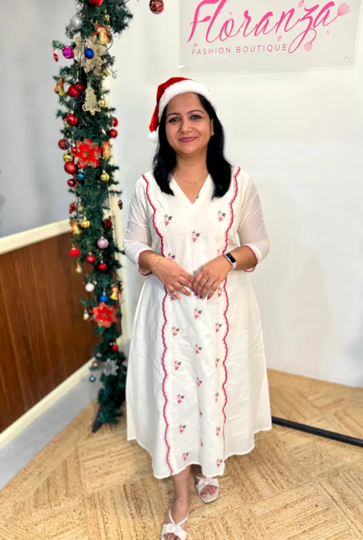 Ready to Dispatch  X-mas Florista Kurti in Camri Cotton- Star pine Off-White