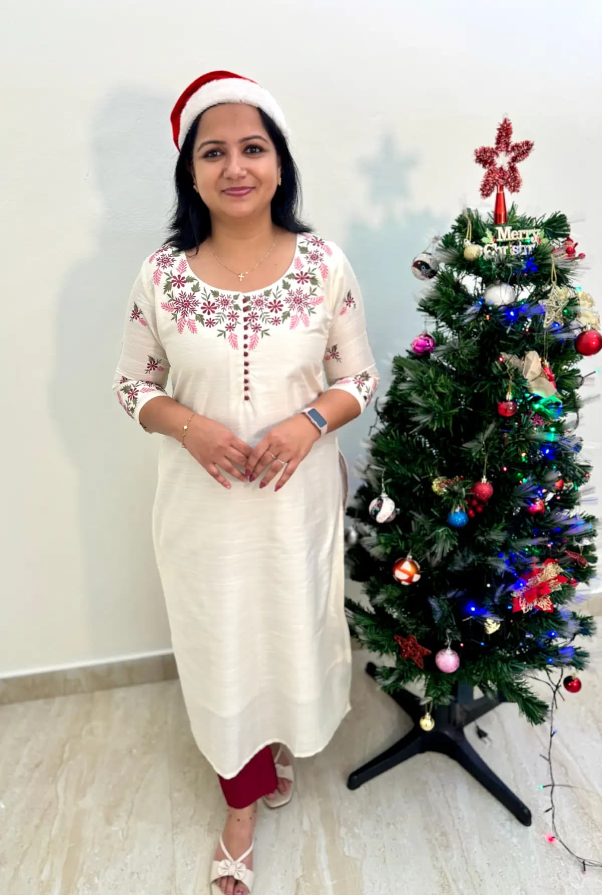 Readu to Dispatch  X-mas Florique Kurti in Slub Silk - Snow Flakes - Off-White