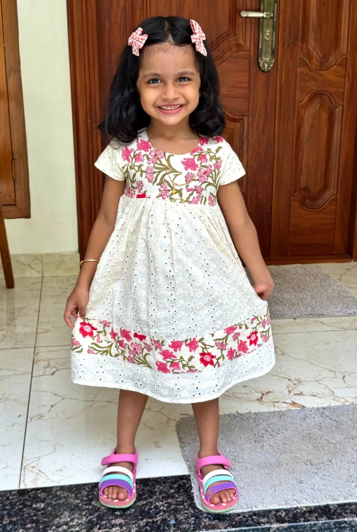 Ready to Dispatch X-mas Florista Kids Frock in Hakoba - Mini Flory Bell Off White