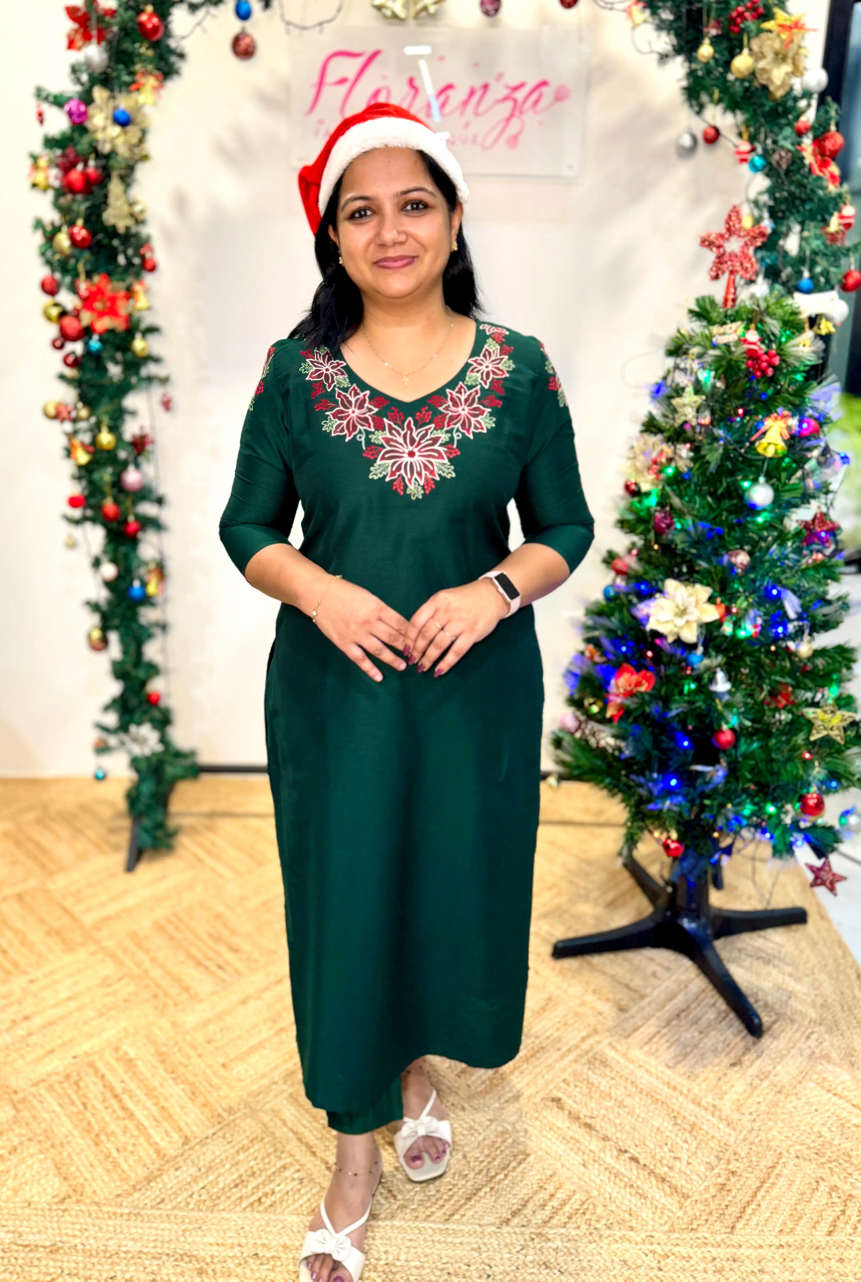 Raedy to Dispatch X-mas Florique Kurti in Slub Silk - Petal Grace - Dark Bottle Green