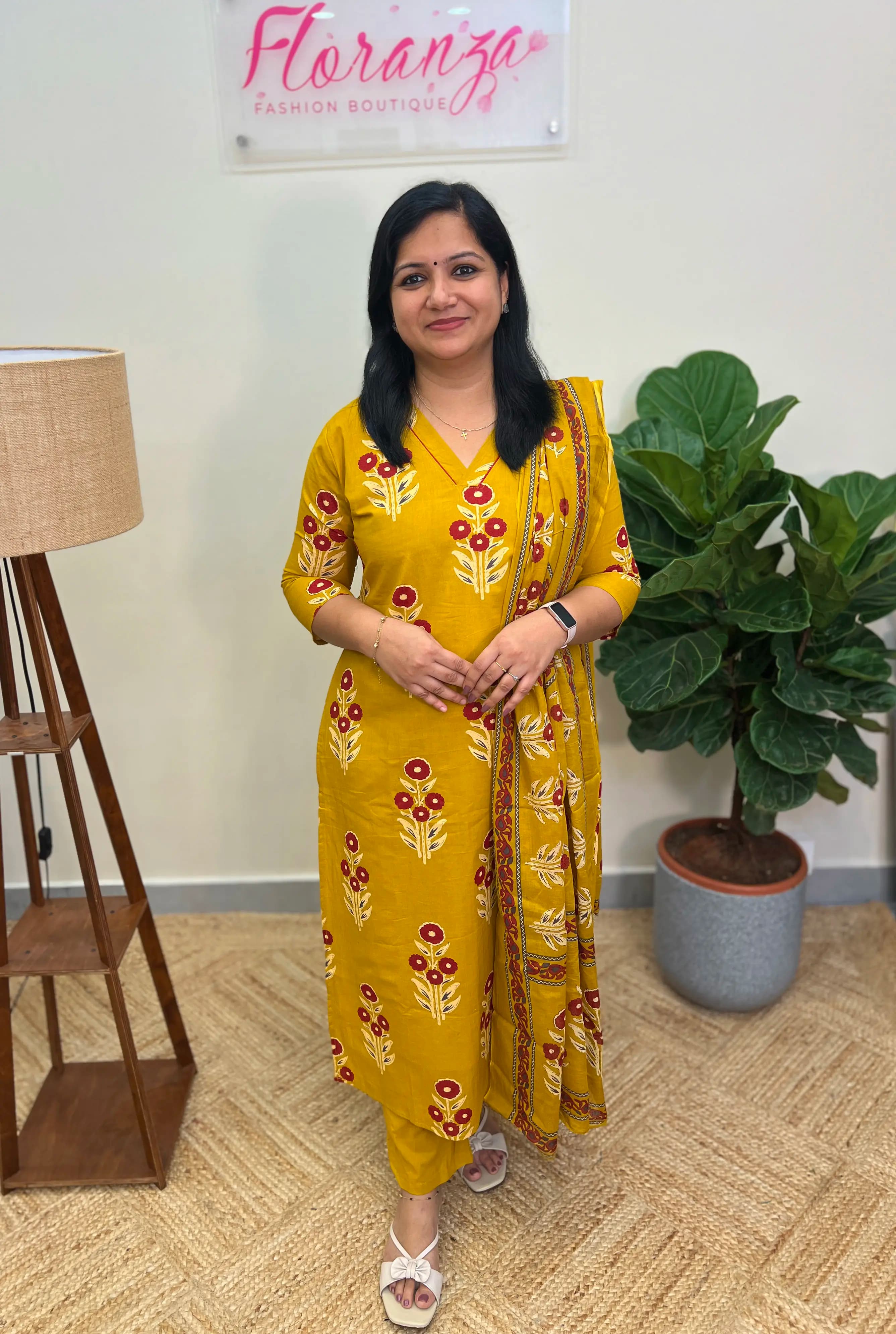 3 Piece Set in Printed Cotton - Mustard Yellow