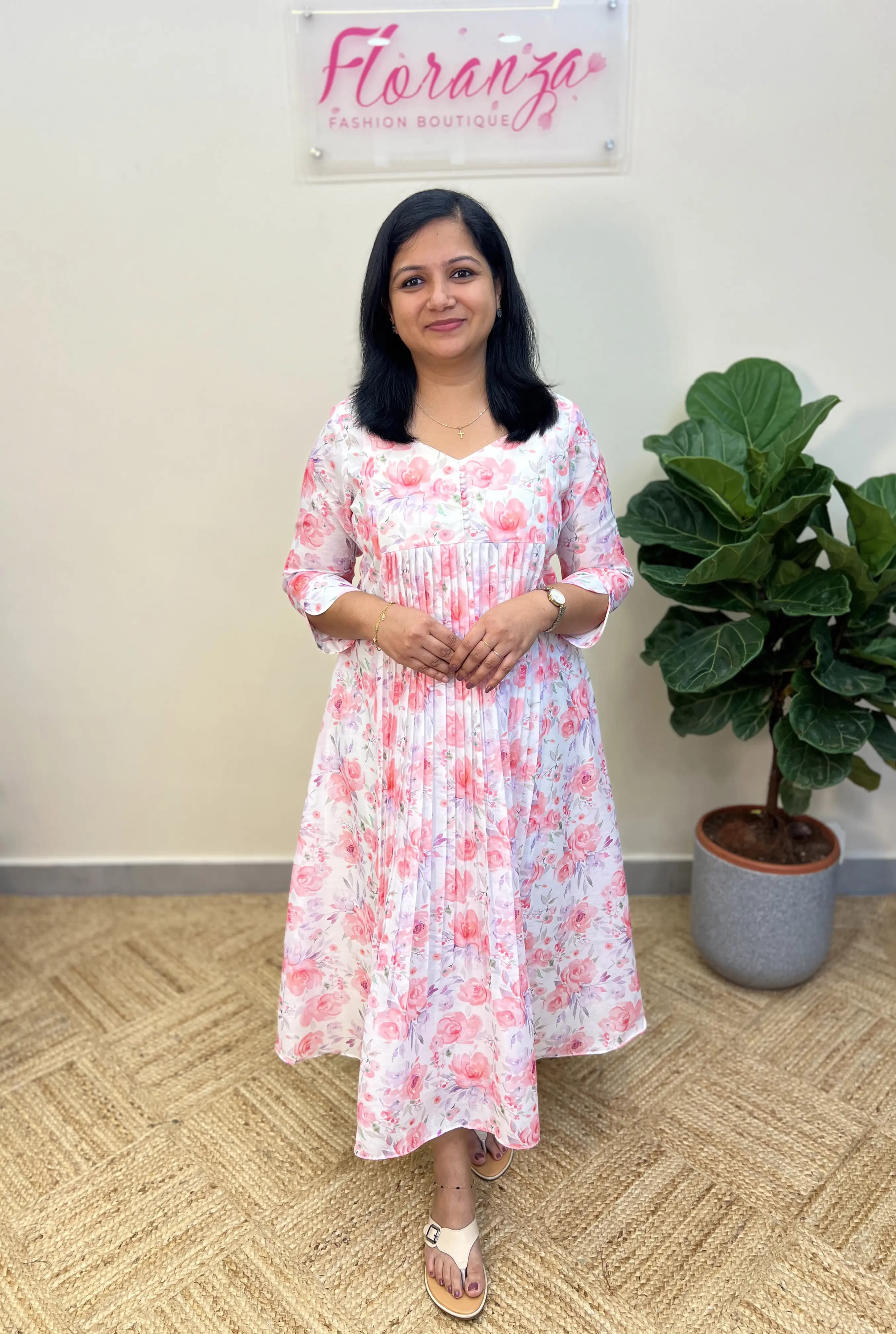 Florista Kurti in Chanderi - Off-white with Orange n pink Floral