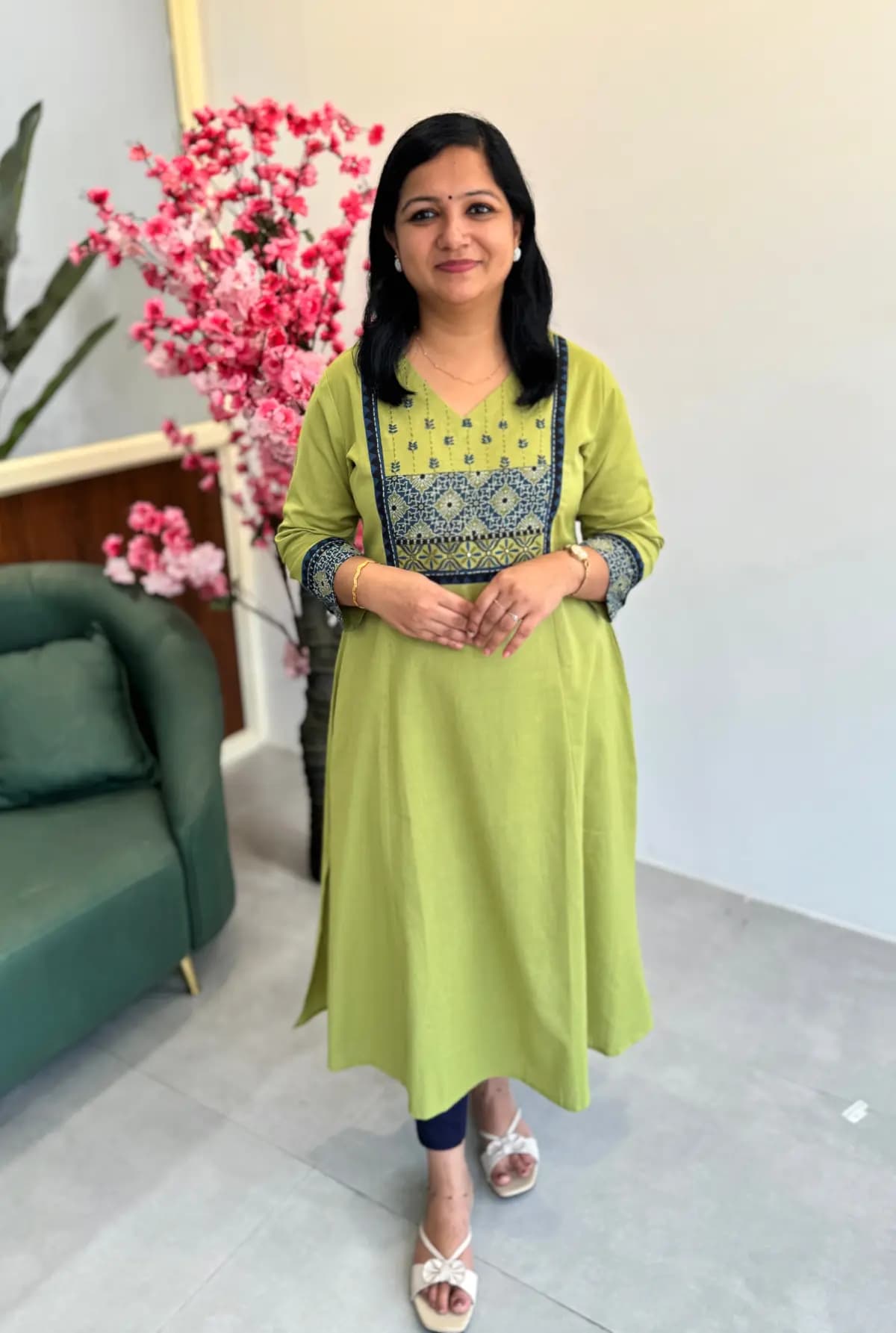 Anvita Brand Kurti in Pure Cotton - Light Green n Blue