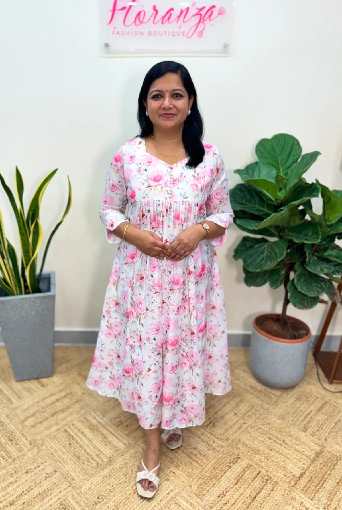Florista Kurti in Chanderi - Off-white with Pink Floral