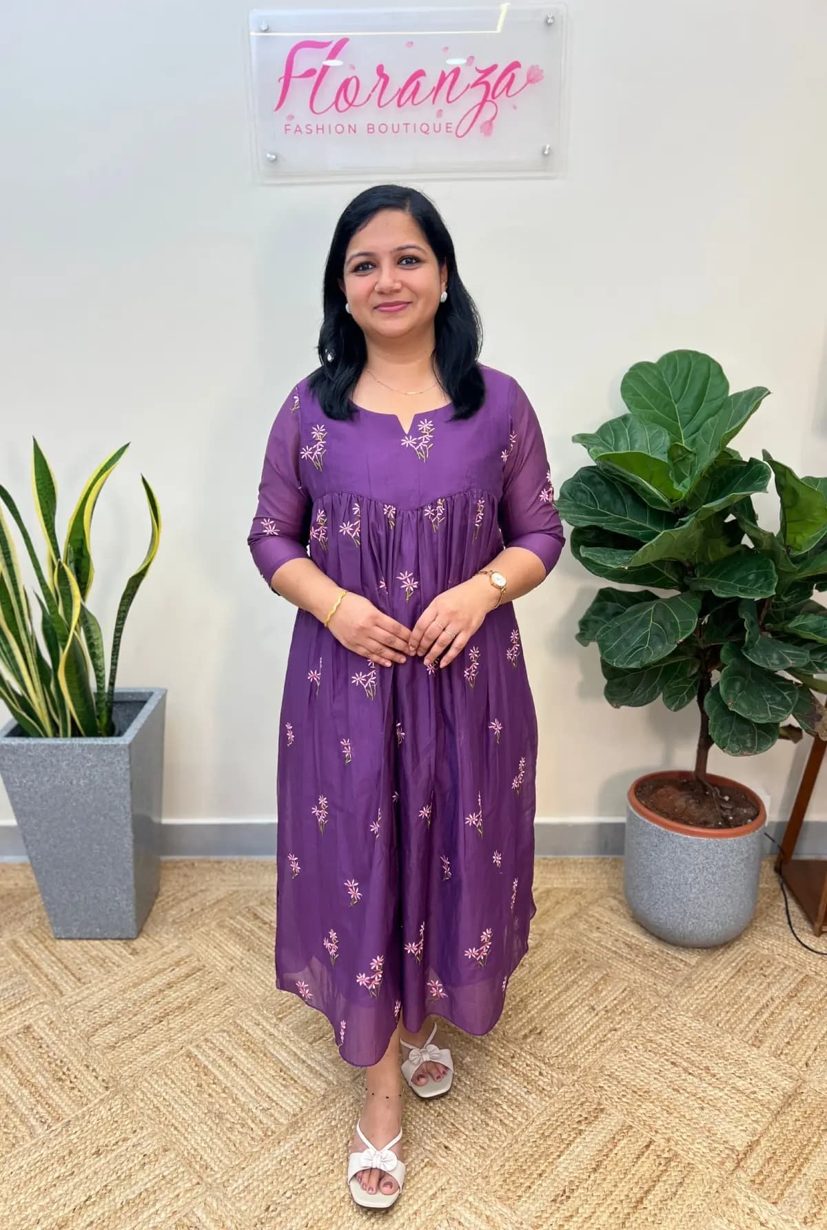 Florista A line kurti in Mul Chanderi -  Purple mix Dark lavender