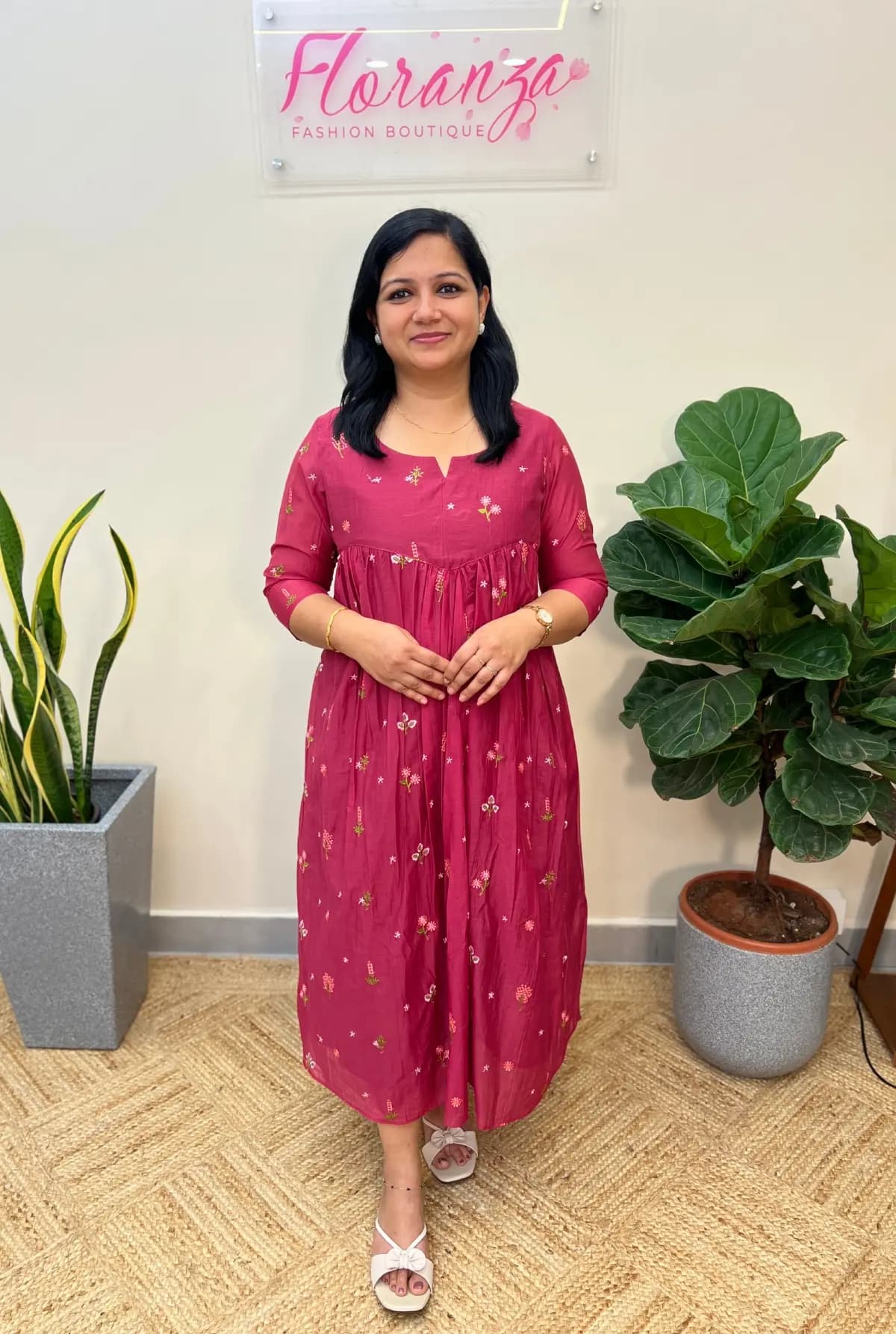 Florista A line kurti in Mul Chanderi - Light Rani Pink mix Ruby Pink