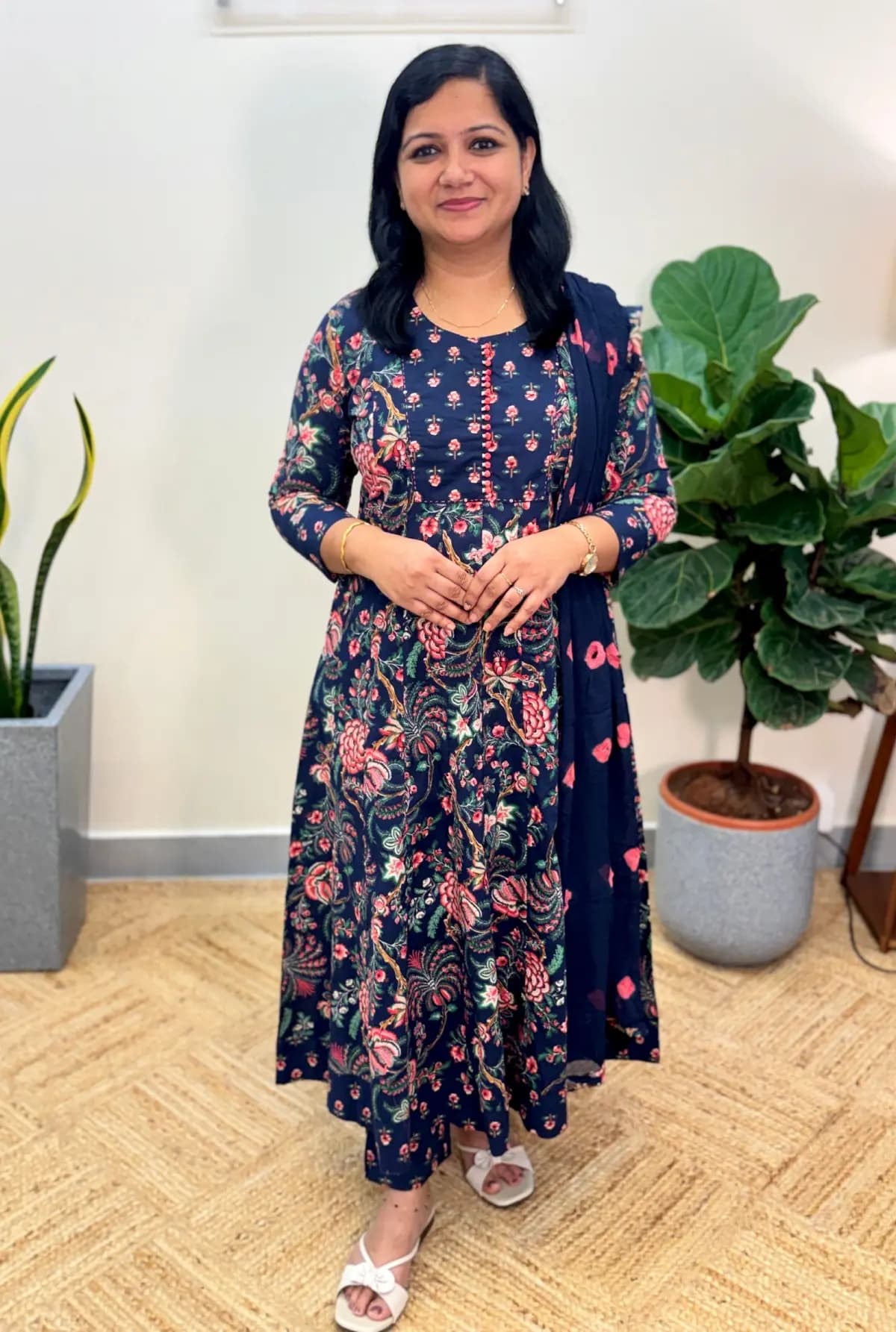 Anarkali 3 Piece Set in Printed Cotton - Dark Navy Blue