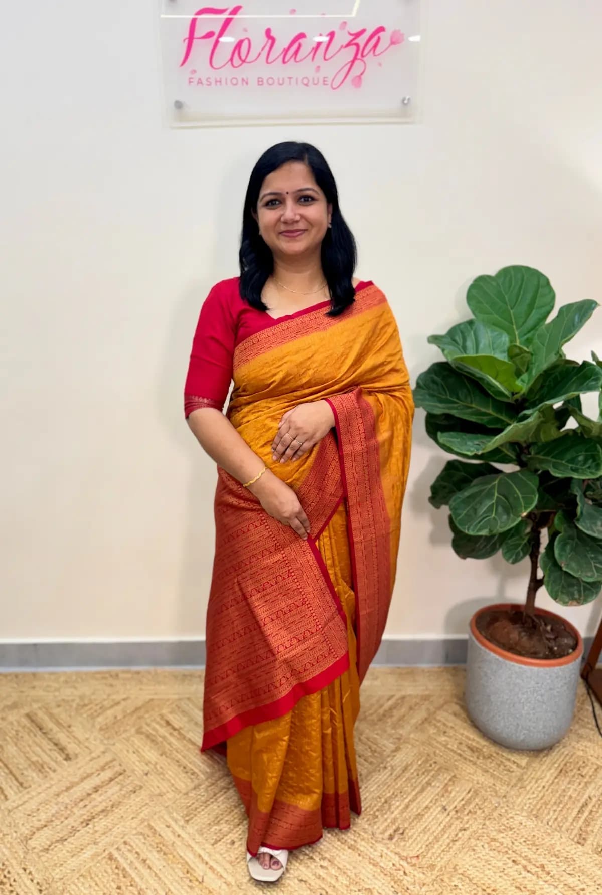 Party Wear Saree in Semi Banarasi Weaving - Yellow n Red combo