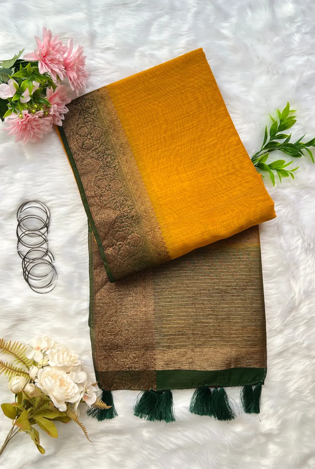Saree in Linen Jute - Mustard Yellow n Dark Green Combo
