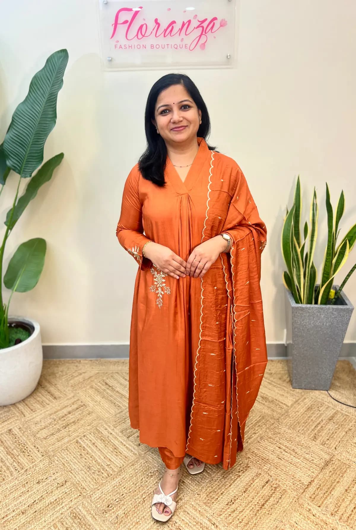 Party Wear 3 Piece Set in Muslin Silk - Peachish Orange