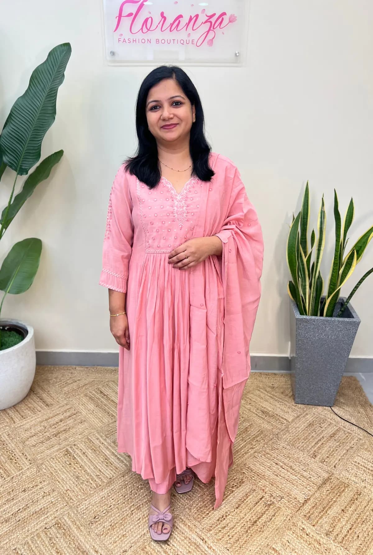 Premium 3 Piece Set In Mul-Chanderi - Blush Pink