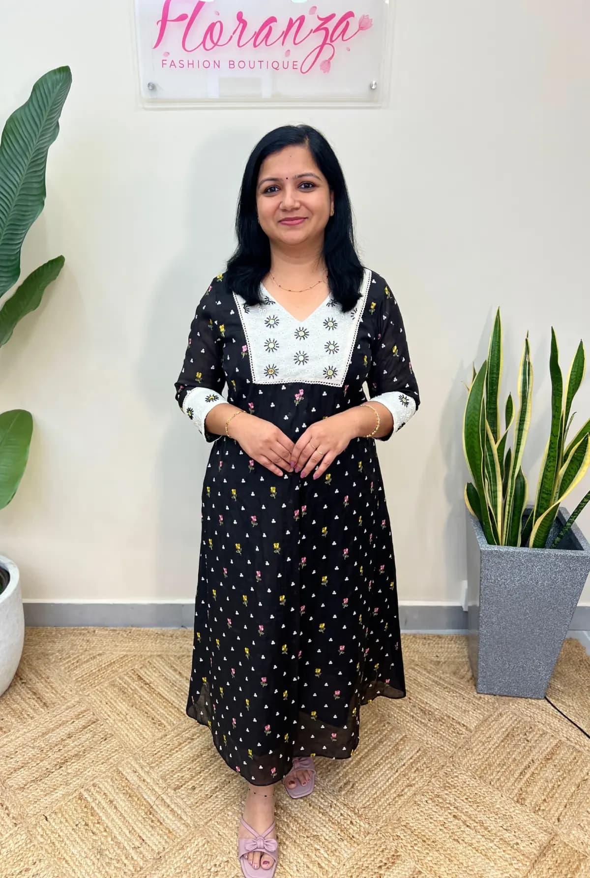 Florista Kurti In Mul-Chanderi - Black