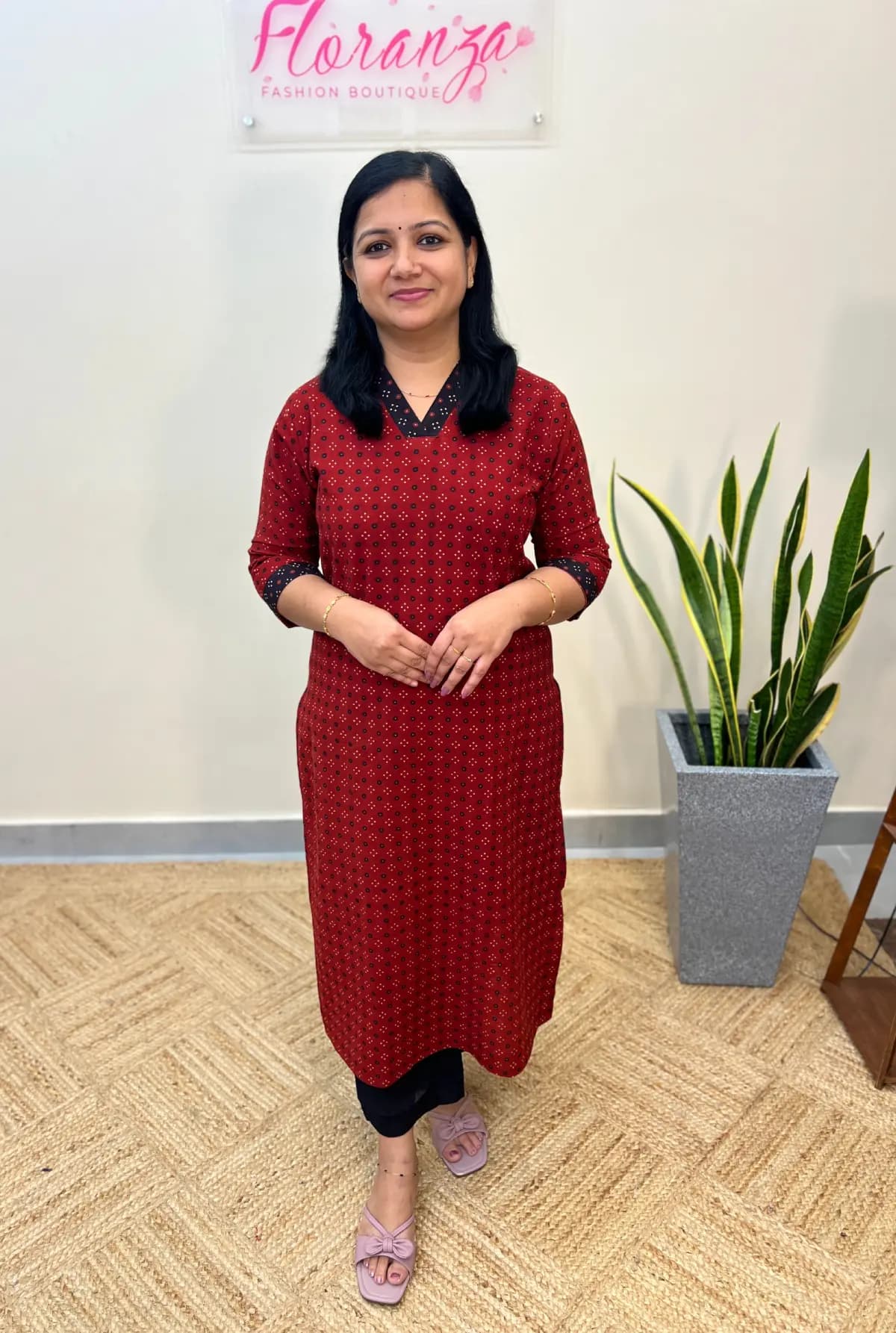 Kurti In Cotton With Block Print - Brick Red
