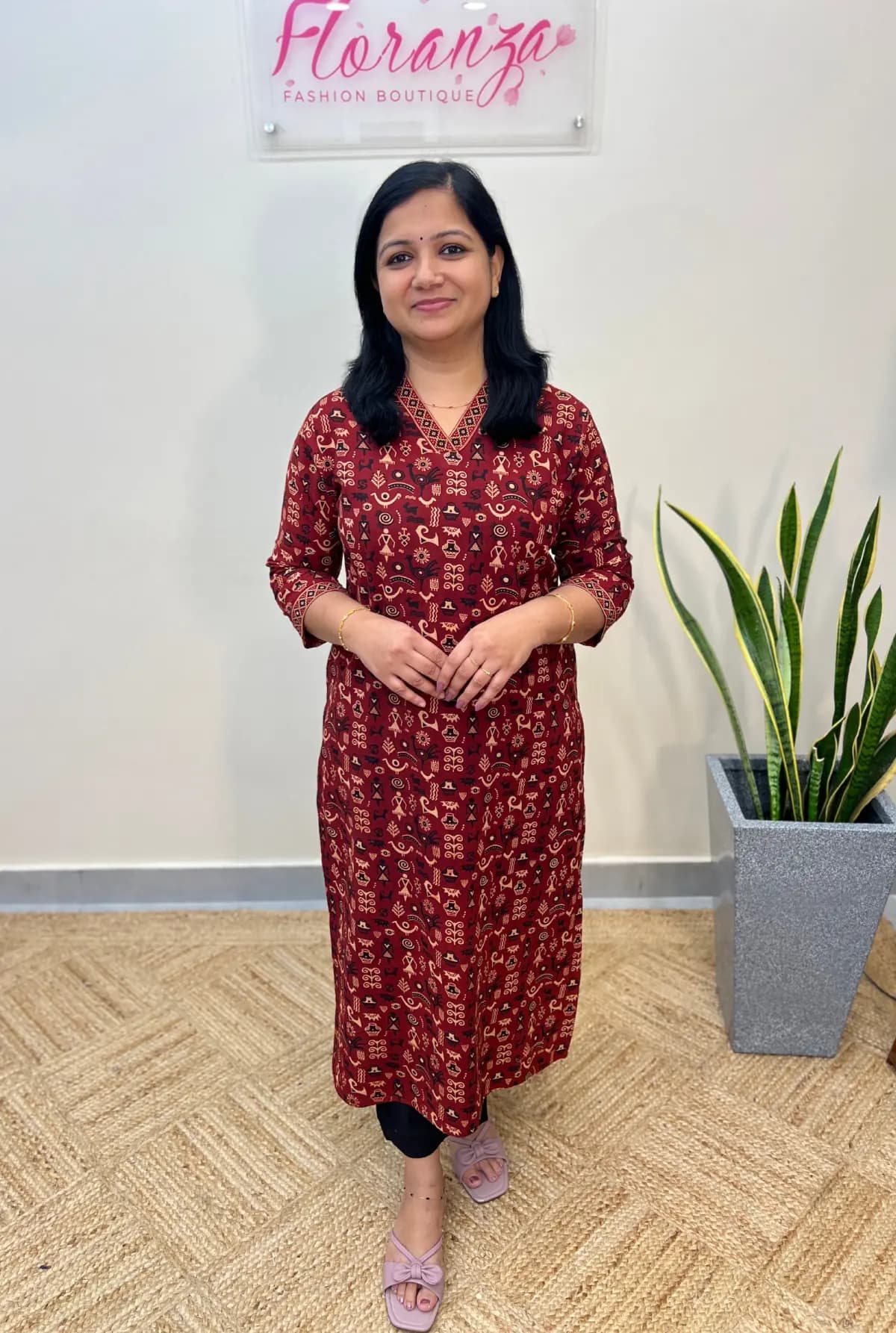 Kurti In Cotton With Block Print - Brick Red