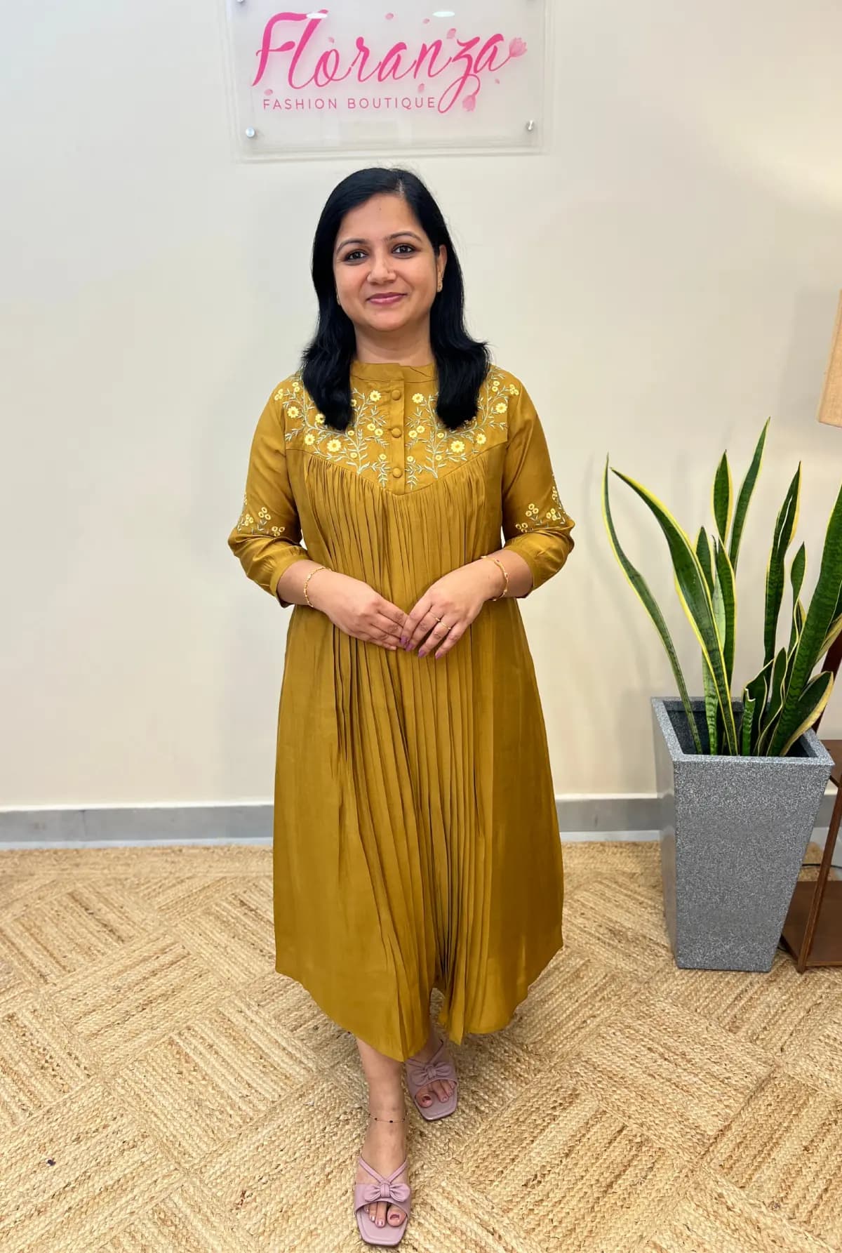 Kurti in Roman silk - Olive Green mix Mustard Yellow