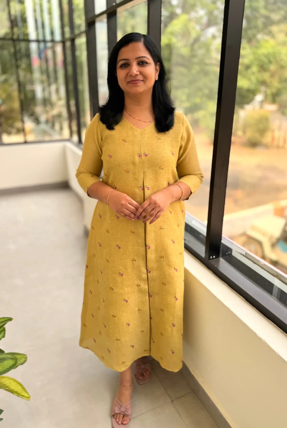 Florista Frock Model Kurti in Linen - Light Mustard Yellow mix Chiku