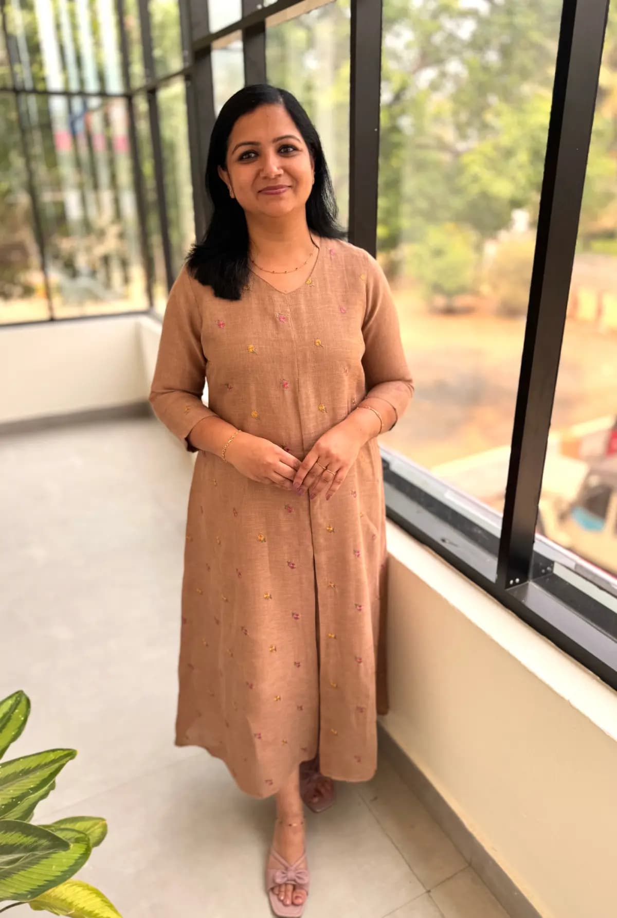 Florista Frock Model Kurti in Linen - Nude Brown