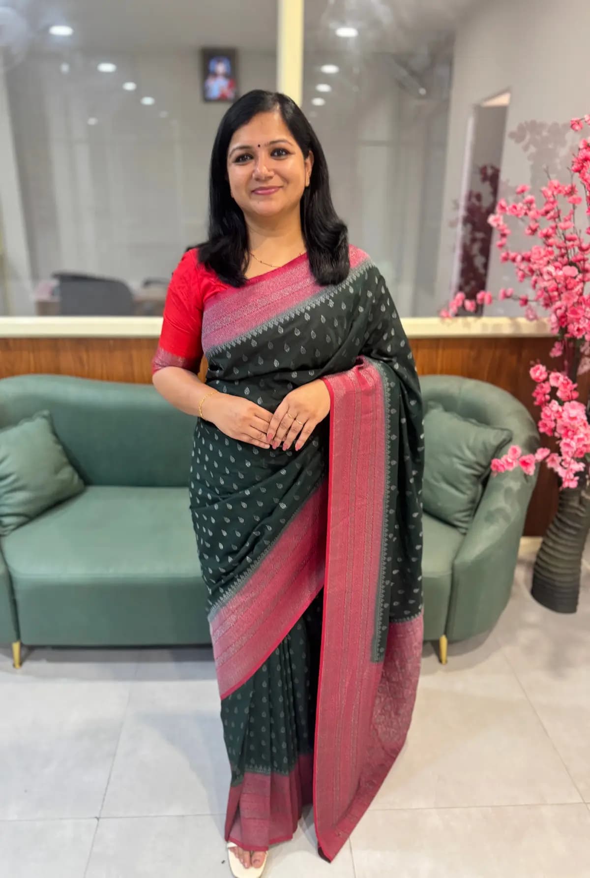 Party Wear Saree in Semi Banarasi Weaving - Dark Bottle Green n Red combo