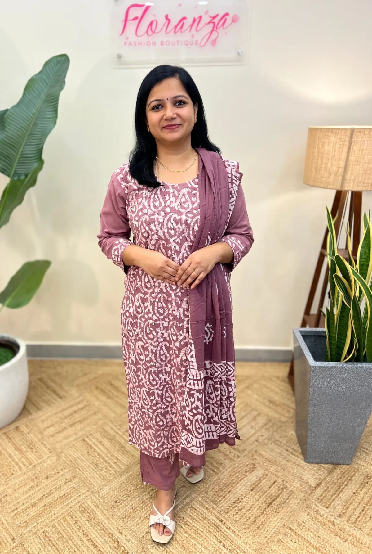 3 Piece Set In  Cotton With Batik Print - Onion Pink mix Lilac