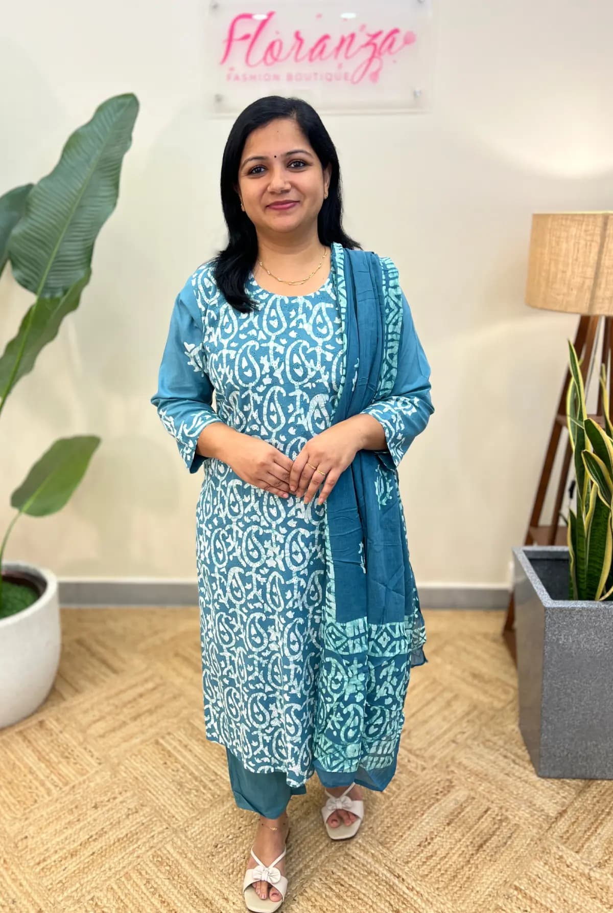 3 Piece Set In  Cotton With Batik Print - Pastel Green mix Teal Blue