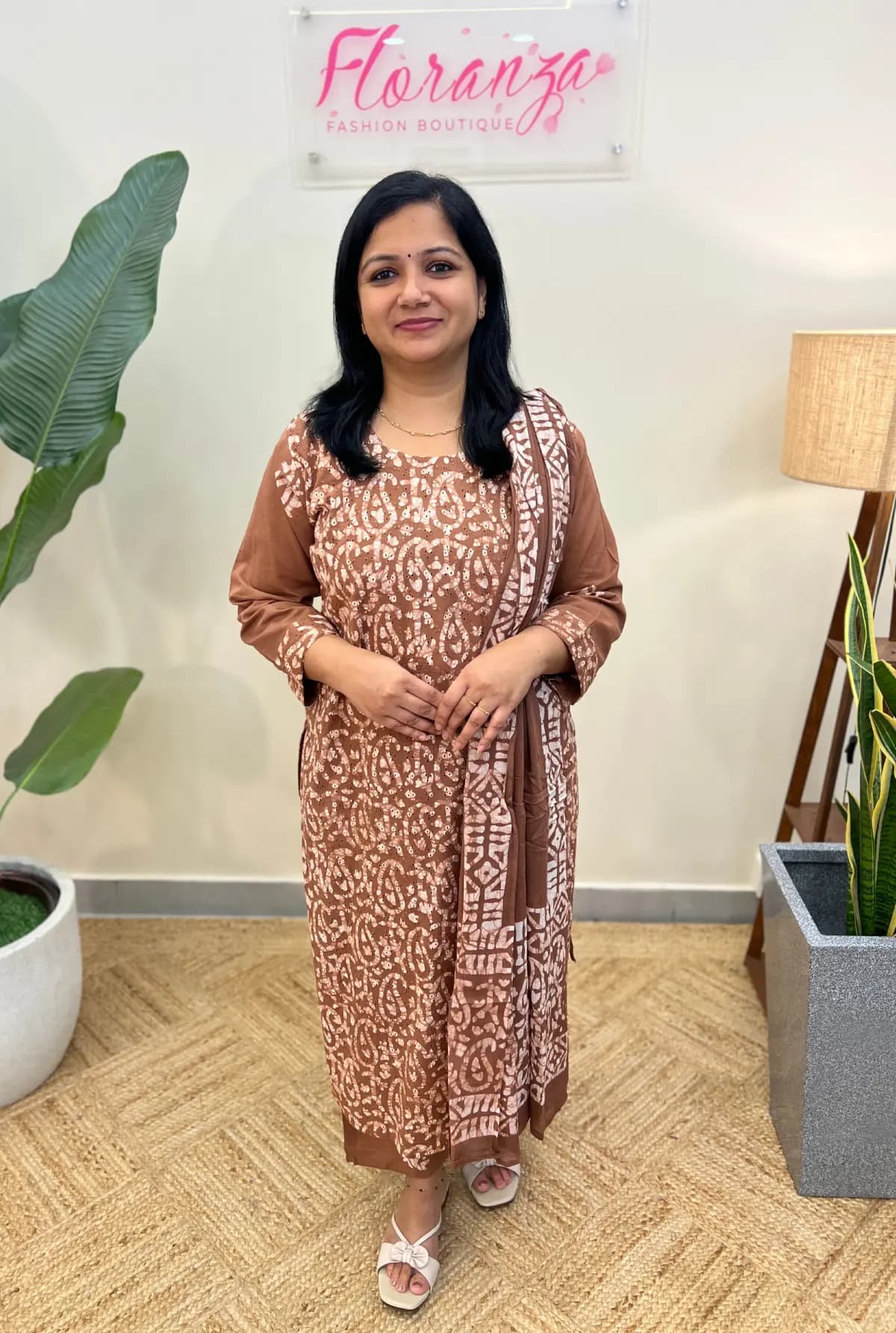 3 Piece Set In  Cotton With Batik Print - Light Brown