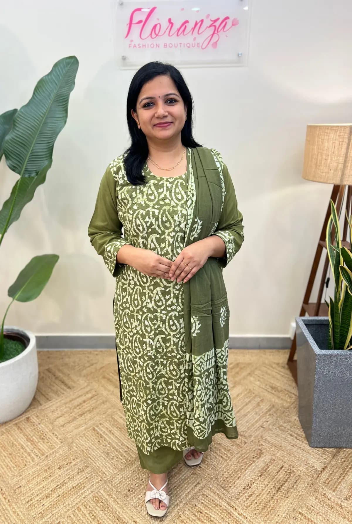 3 Piece Set In  Cotton With Batik Print - Light Green