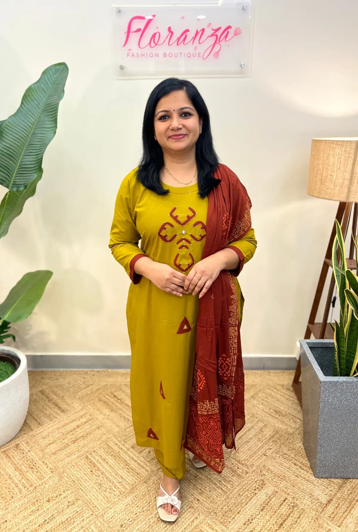 3 Piece Set In  Cotton With - Dark Mustard Yellow mix Olive Green