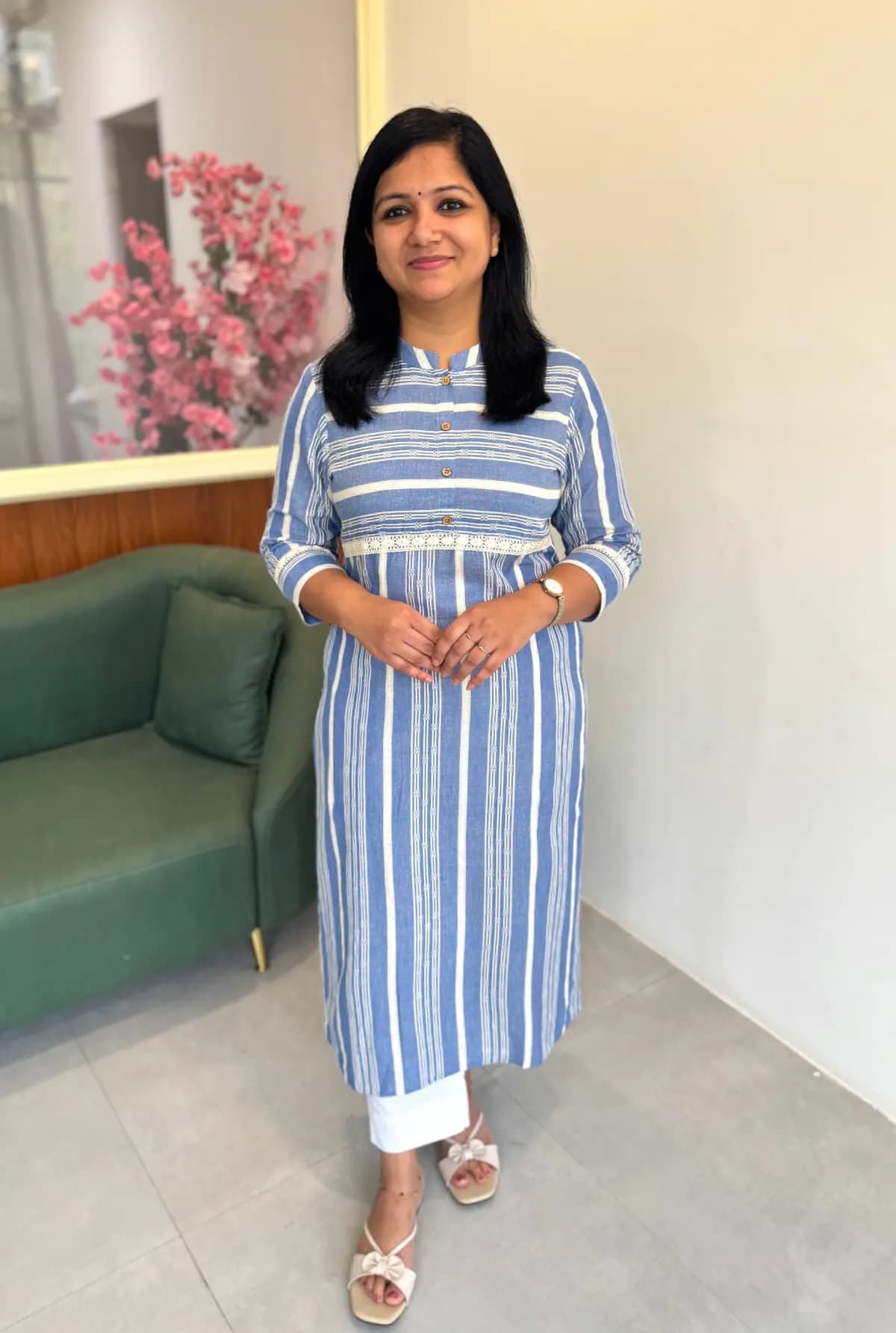 Branded Kurti In Weaved Cotton - Ice Blue mix Denim Blue