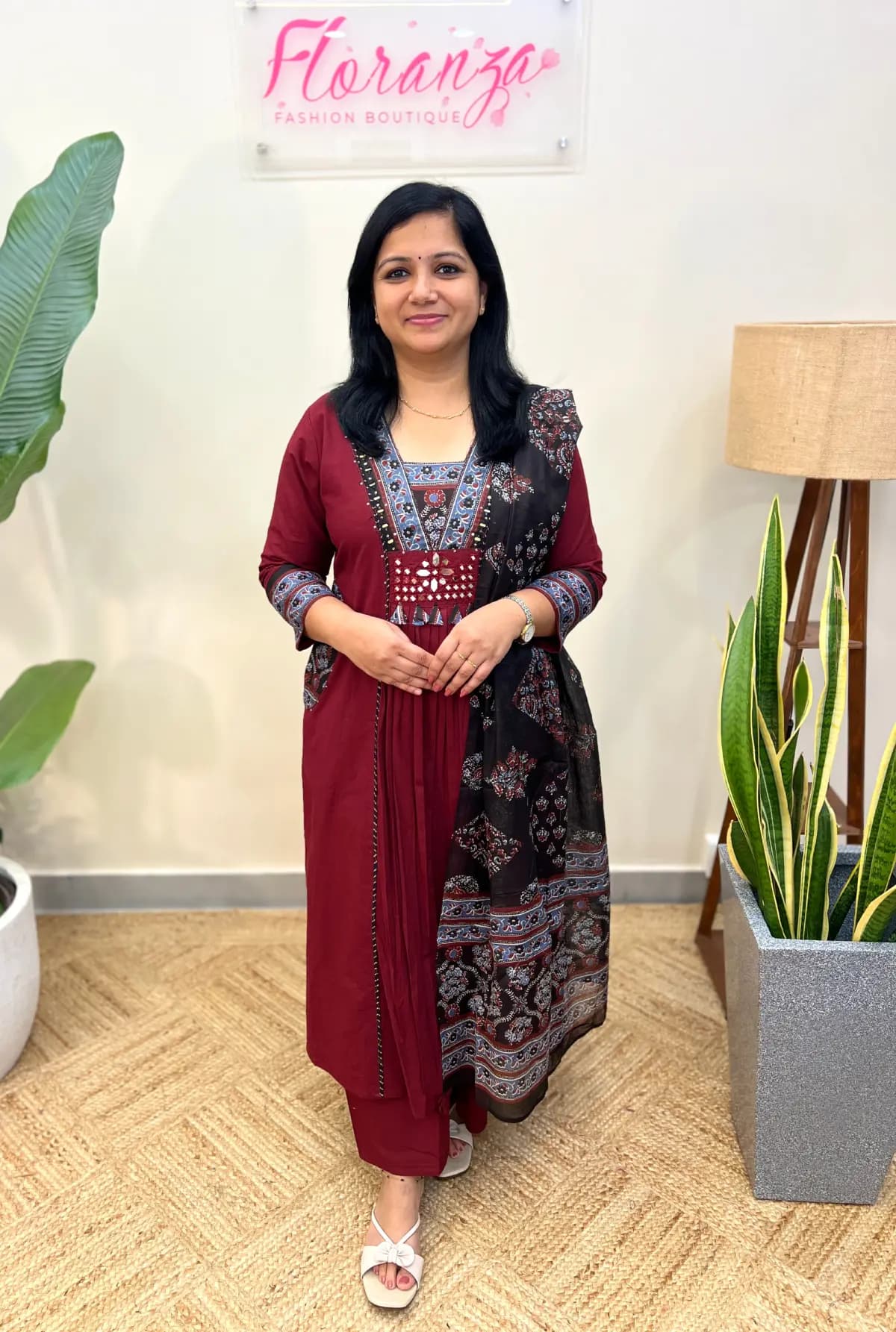 3 Piece Set In Cotton - Dark Maroon n Black