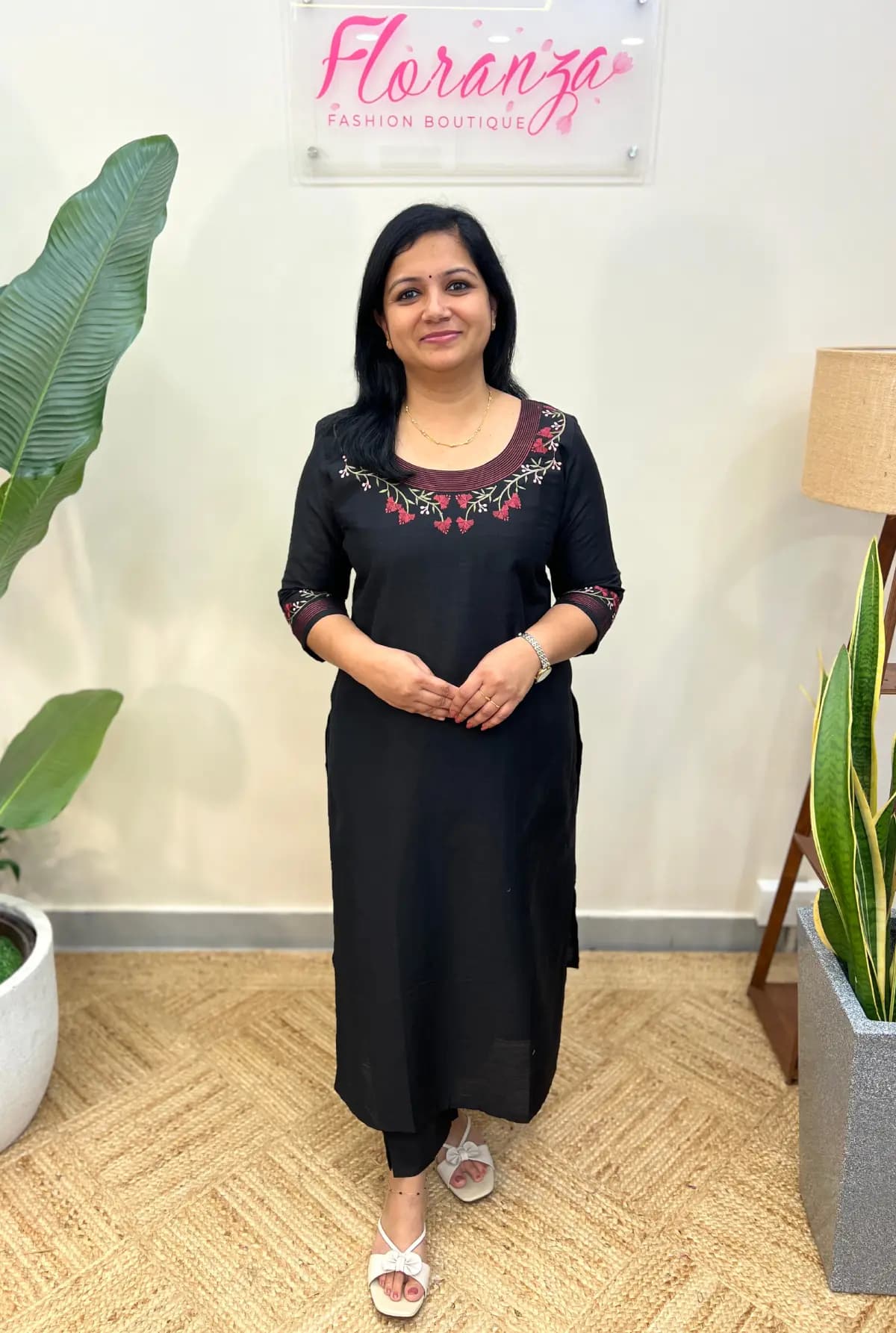 Florique Embroidery Kurti in Slub Silk - Black