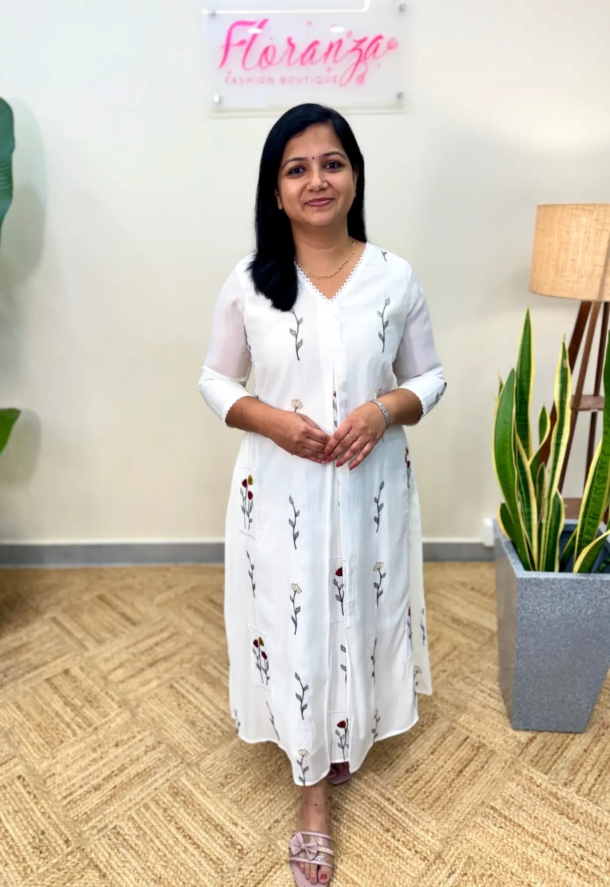 Florista Kurti In Mul-Chanderi -  Milky White