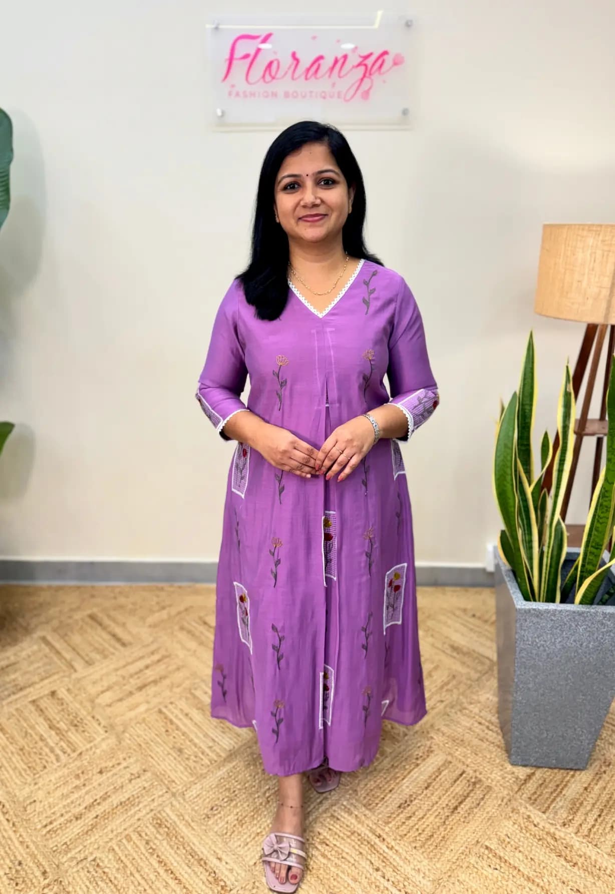 Florista Kurti In Mul-Chanderi -  Lavender