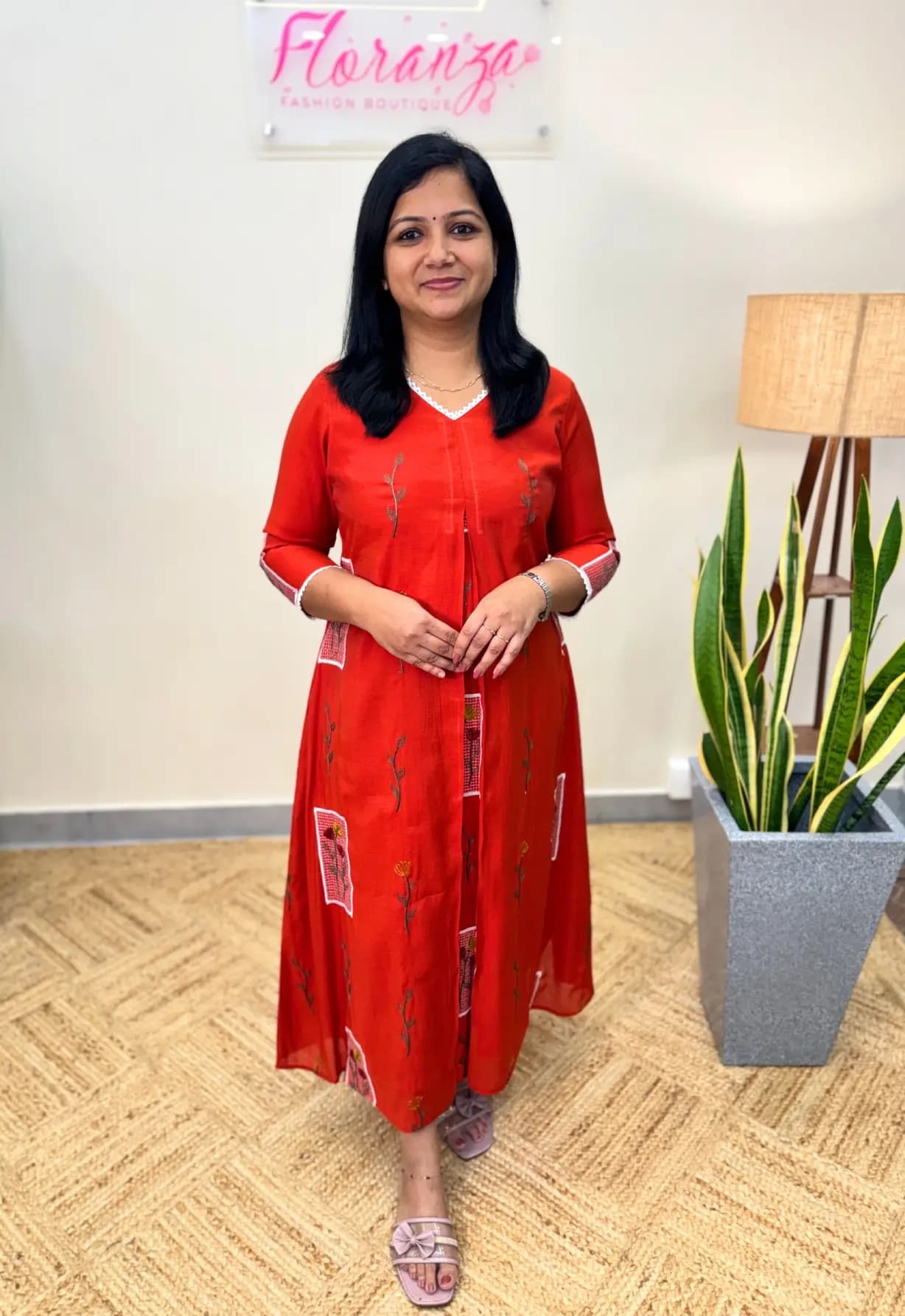 Florista Kurti In Mul-Chanderi -  Bright Burned Orange