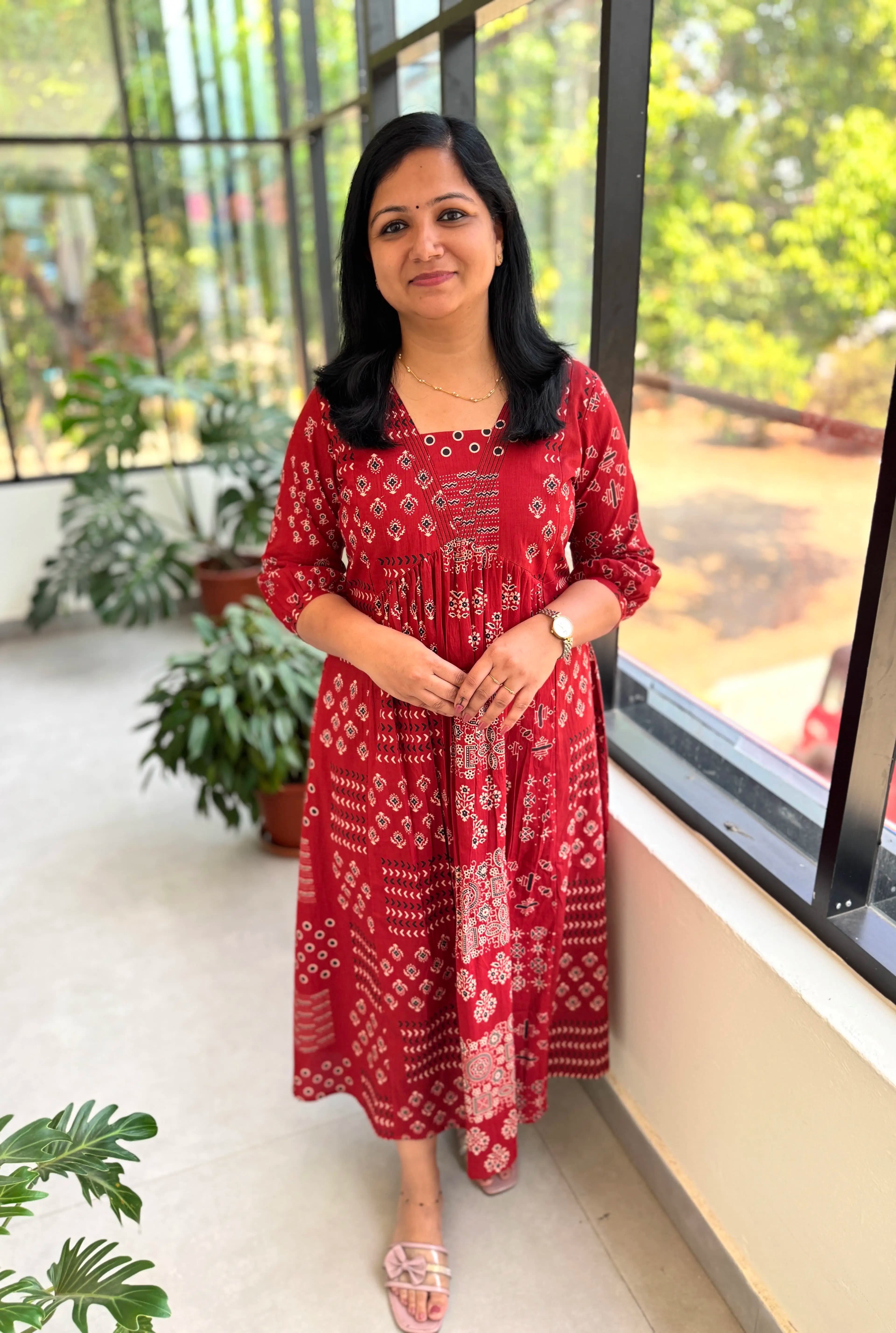 Florista Kurti In Pure Cotton - Bright Brick Red