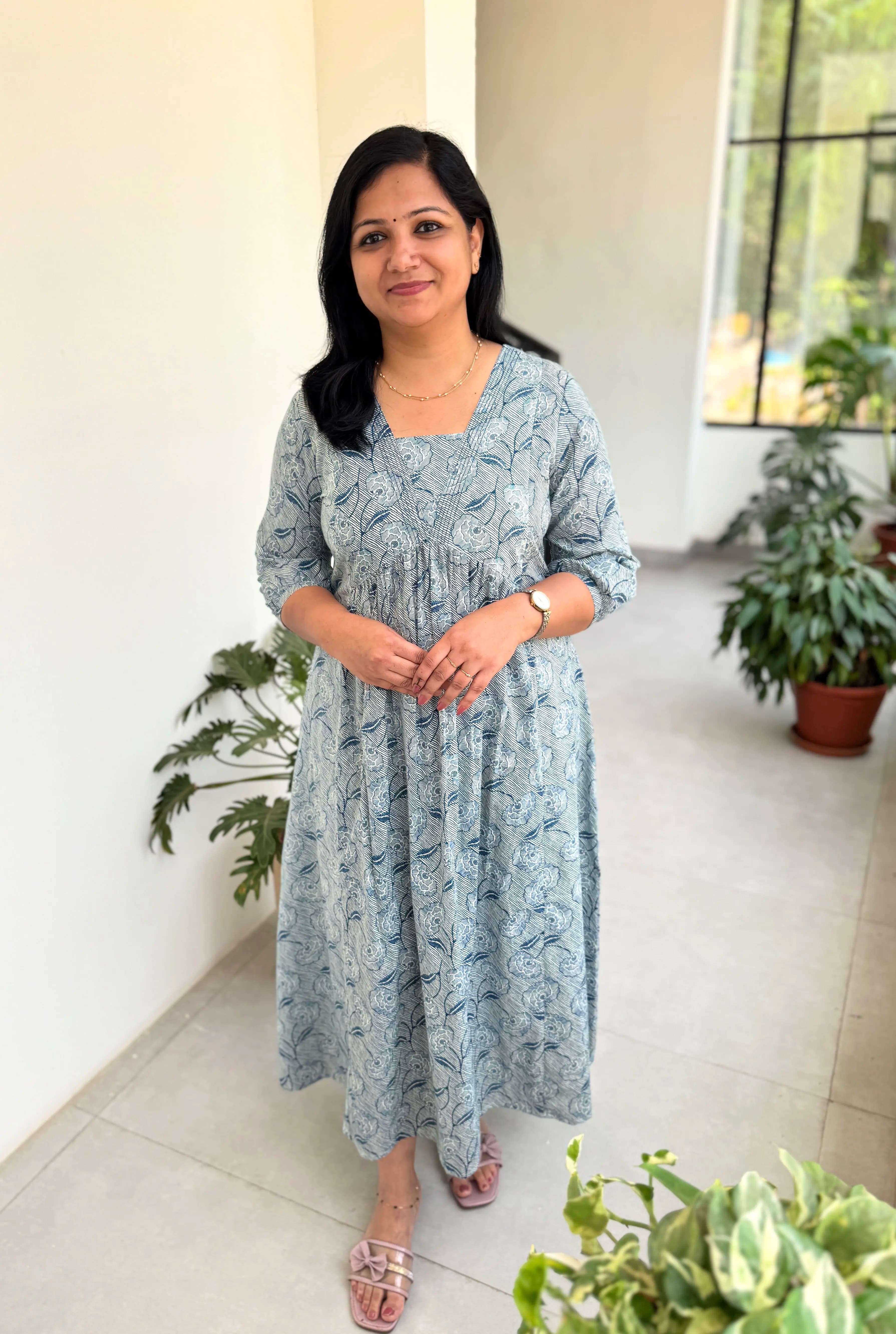 Florista Kurti In Pure Cotton - Beige n Dark Navy Blue