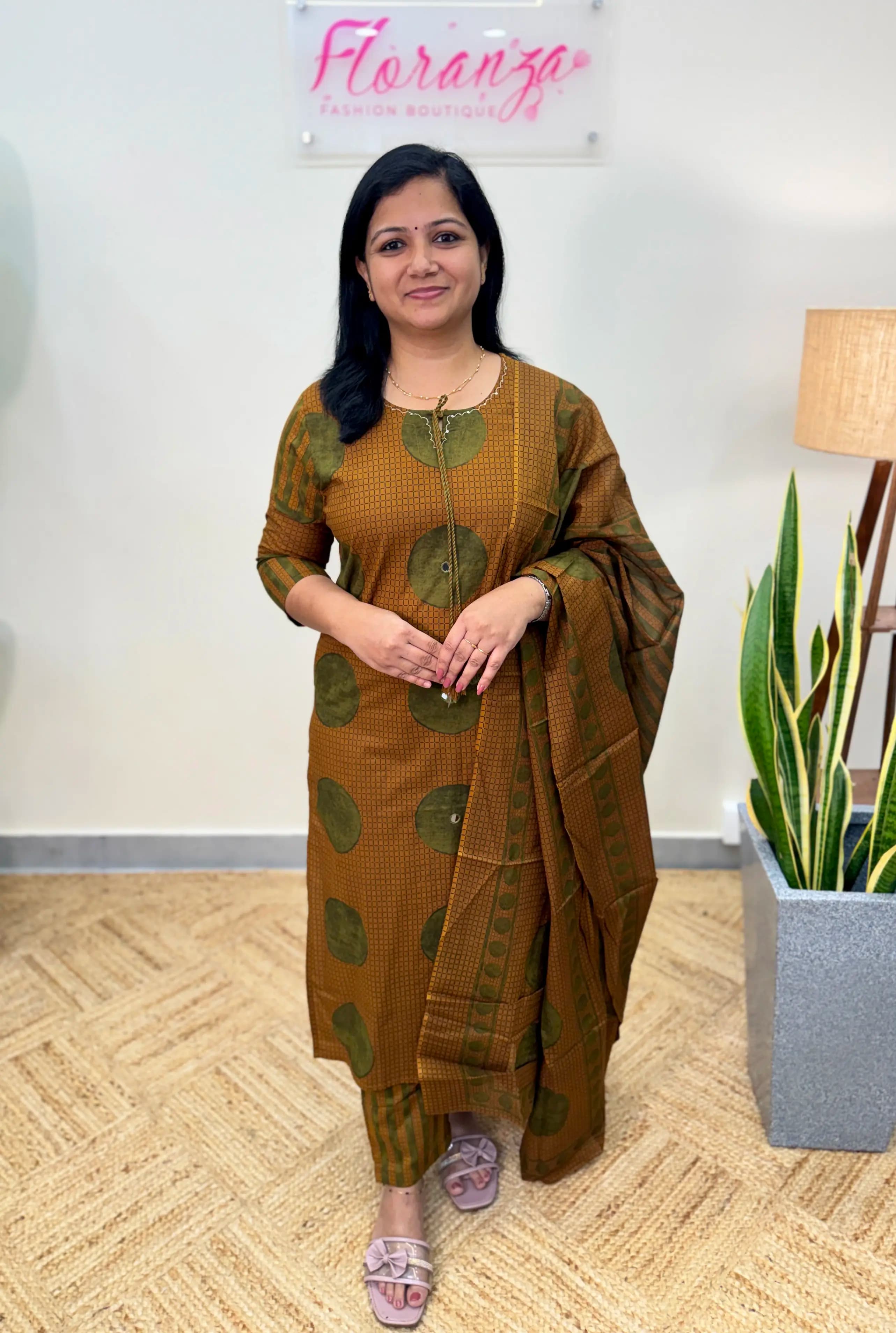 3 Piece Set in Cotton - Dusty Green n Dark Mustard Yellow