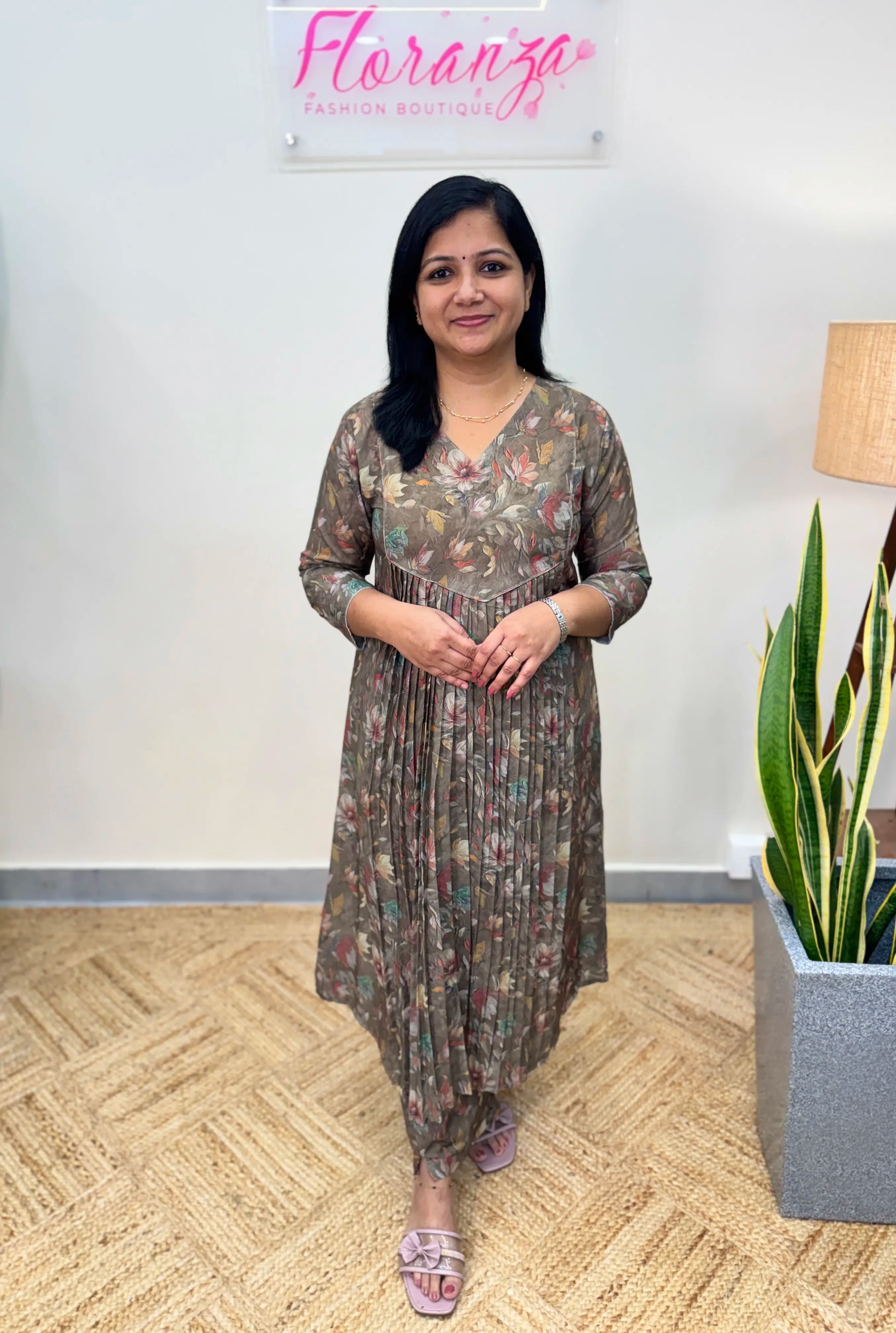 2 Piece Set in Imported Crepe Fabric - Dusty Green n Multiple Floral