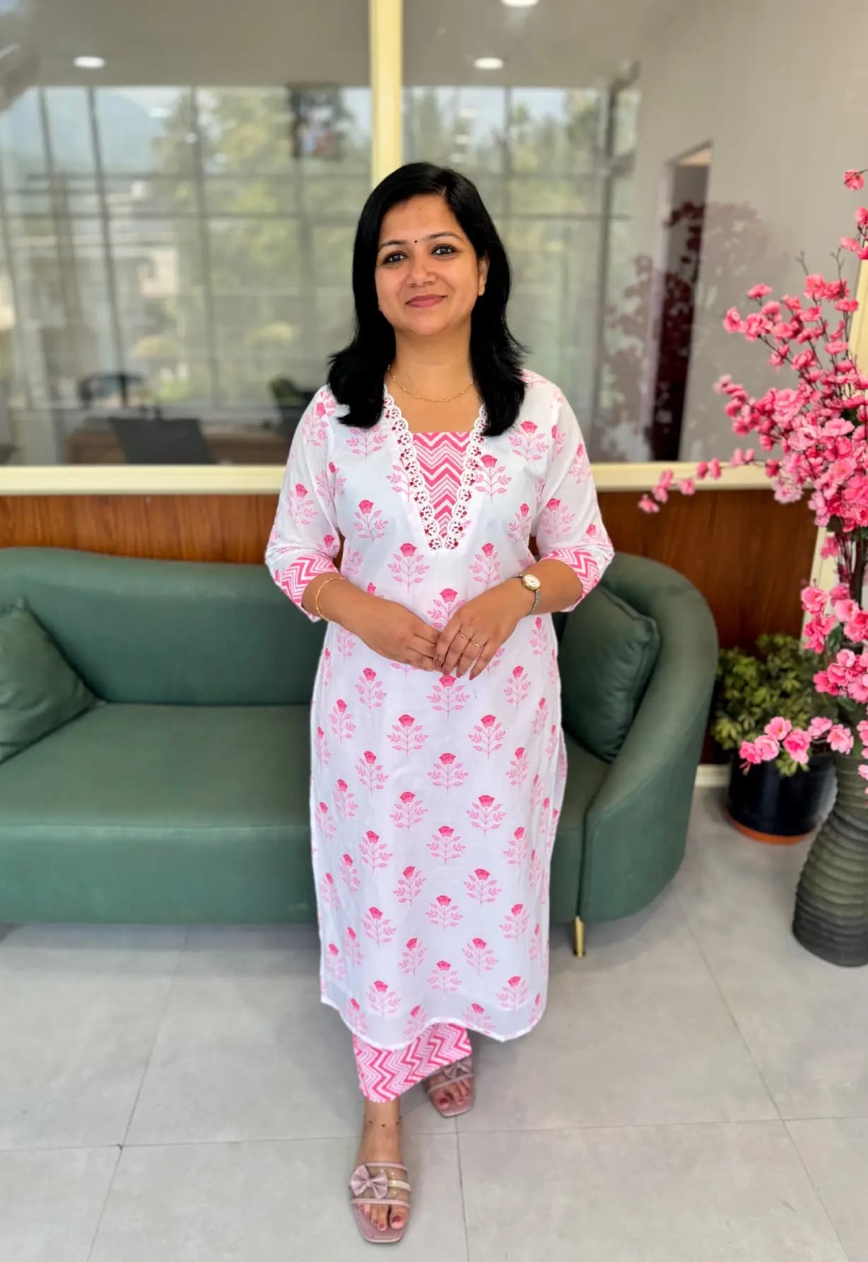 Florista Top n Bottom Set in Cotton - White n Dark Peach Combo