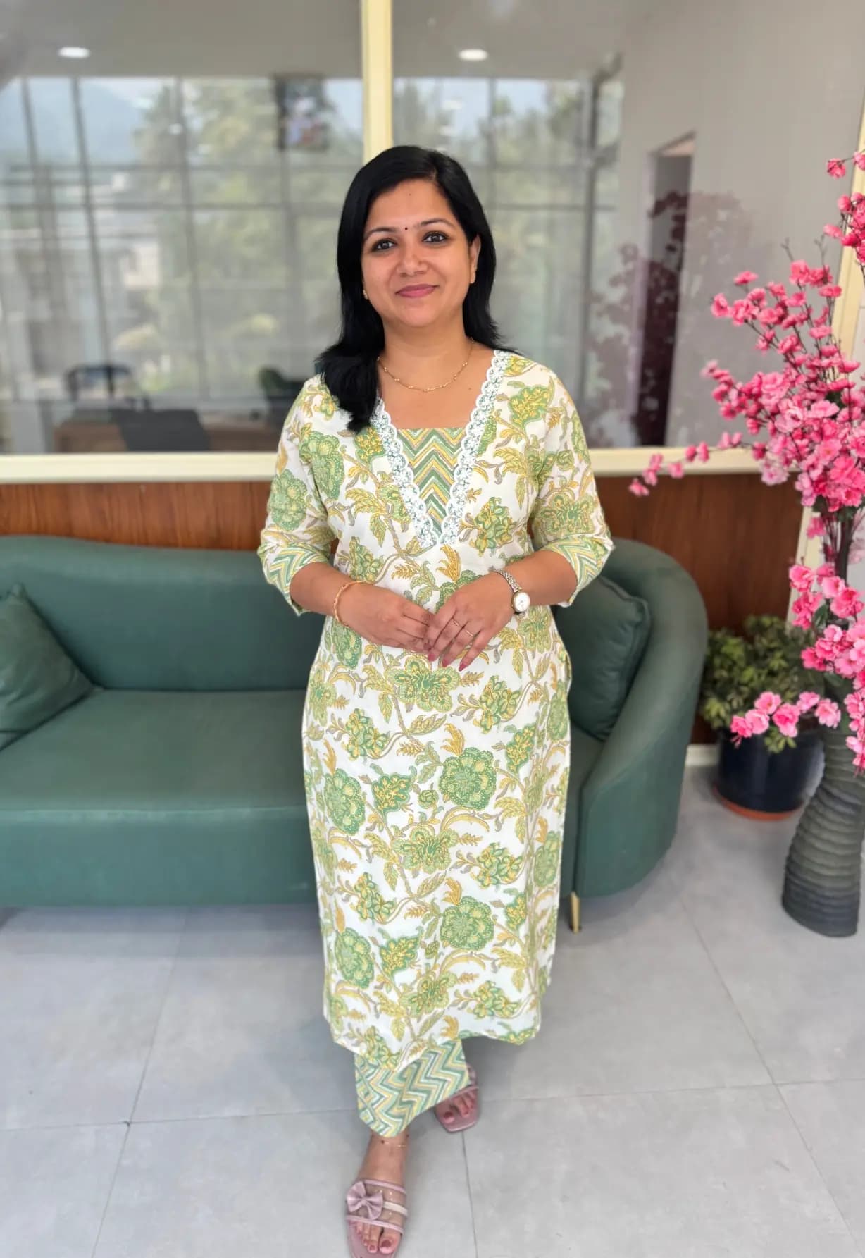 Florista Top n Bottom Set in Cotton - White n Green-Yellow Combo