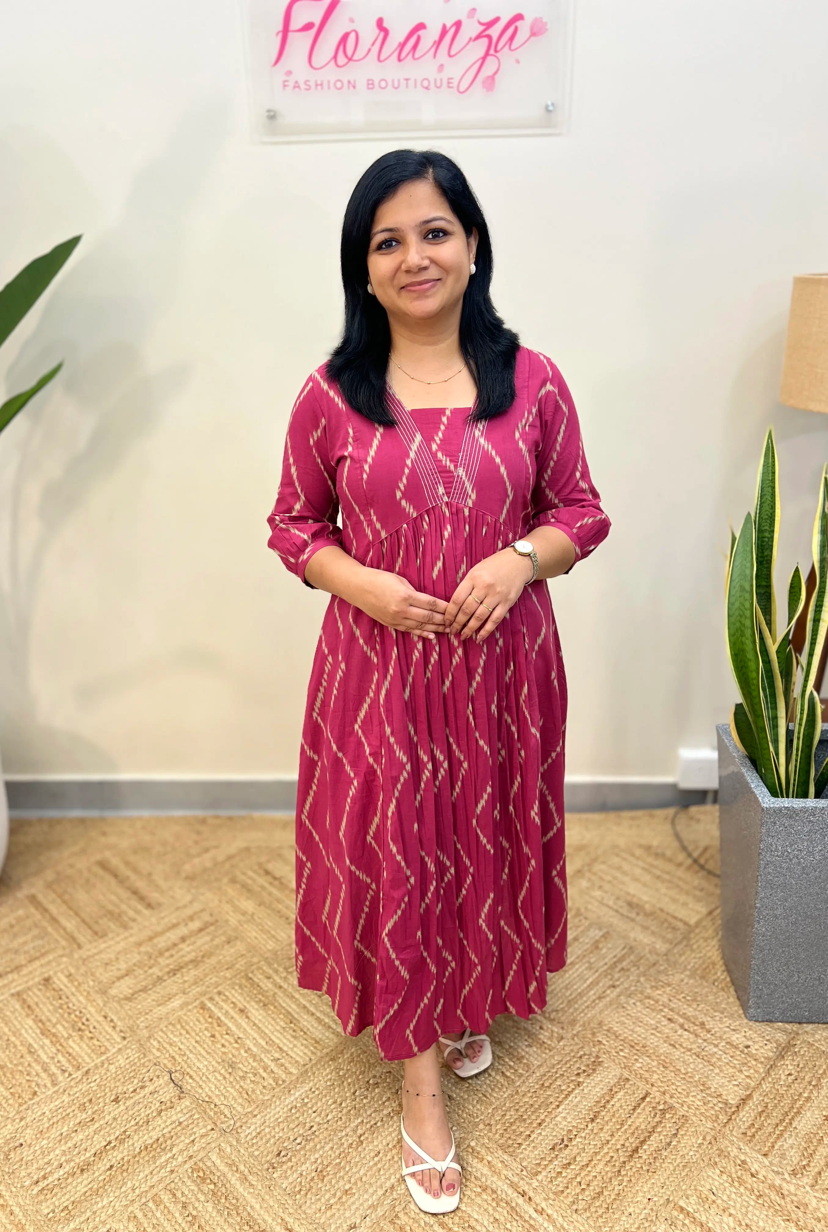 Florista Kurti In  Cotton - Majenta mix Pink