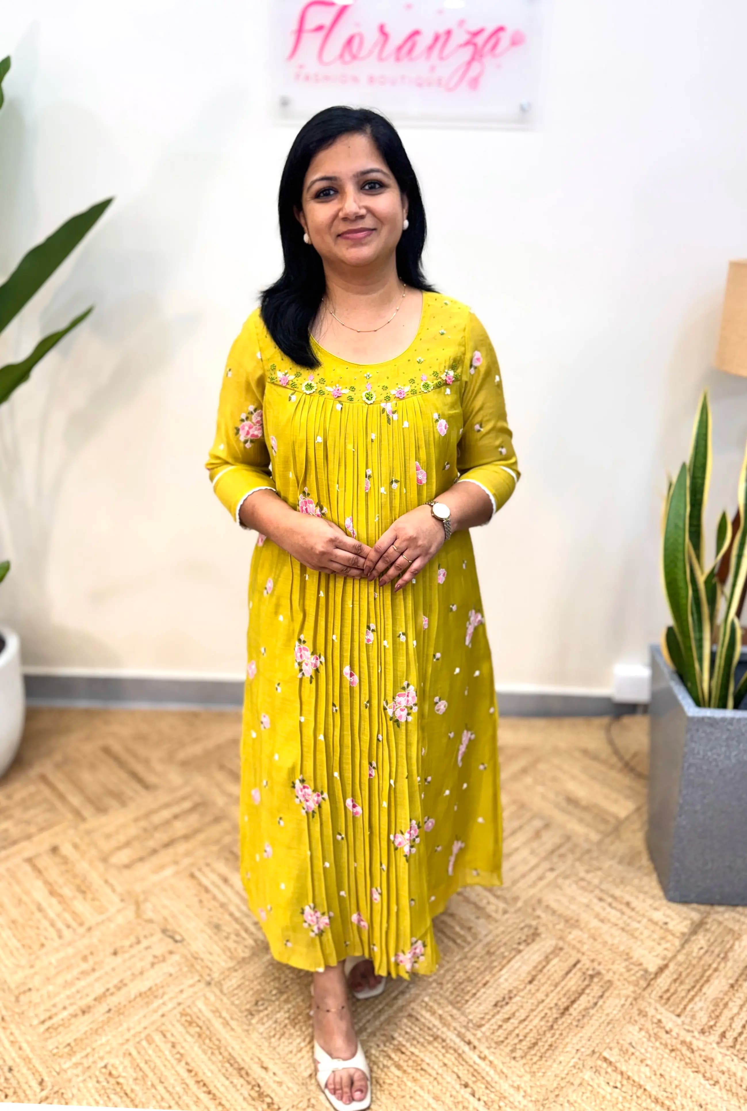 Florista Designer Kurti In Mul-Chanderi - Mustard Yellow mix Olive Green