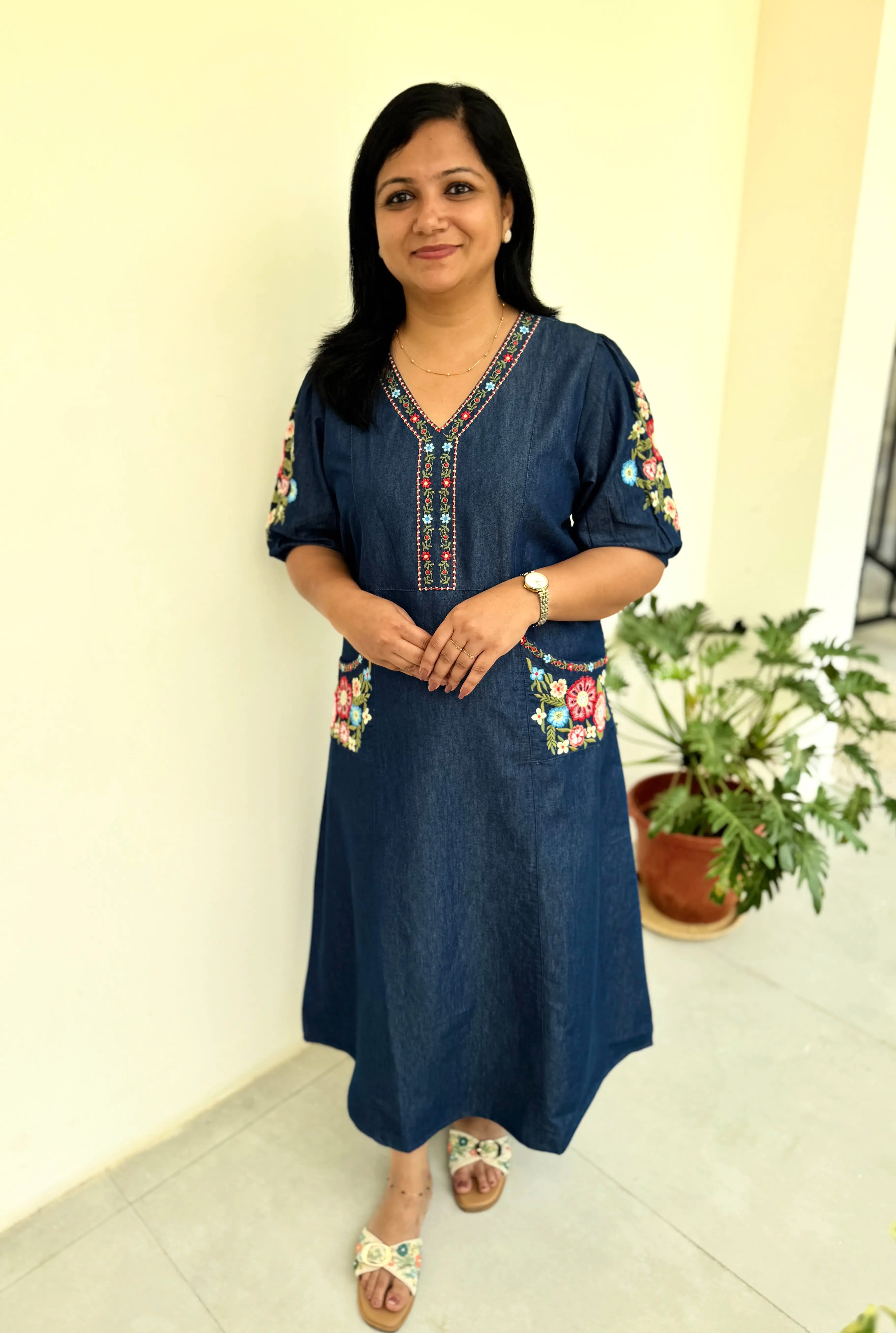 Denim Frock with Floral Embroidery - Denim Blue