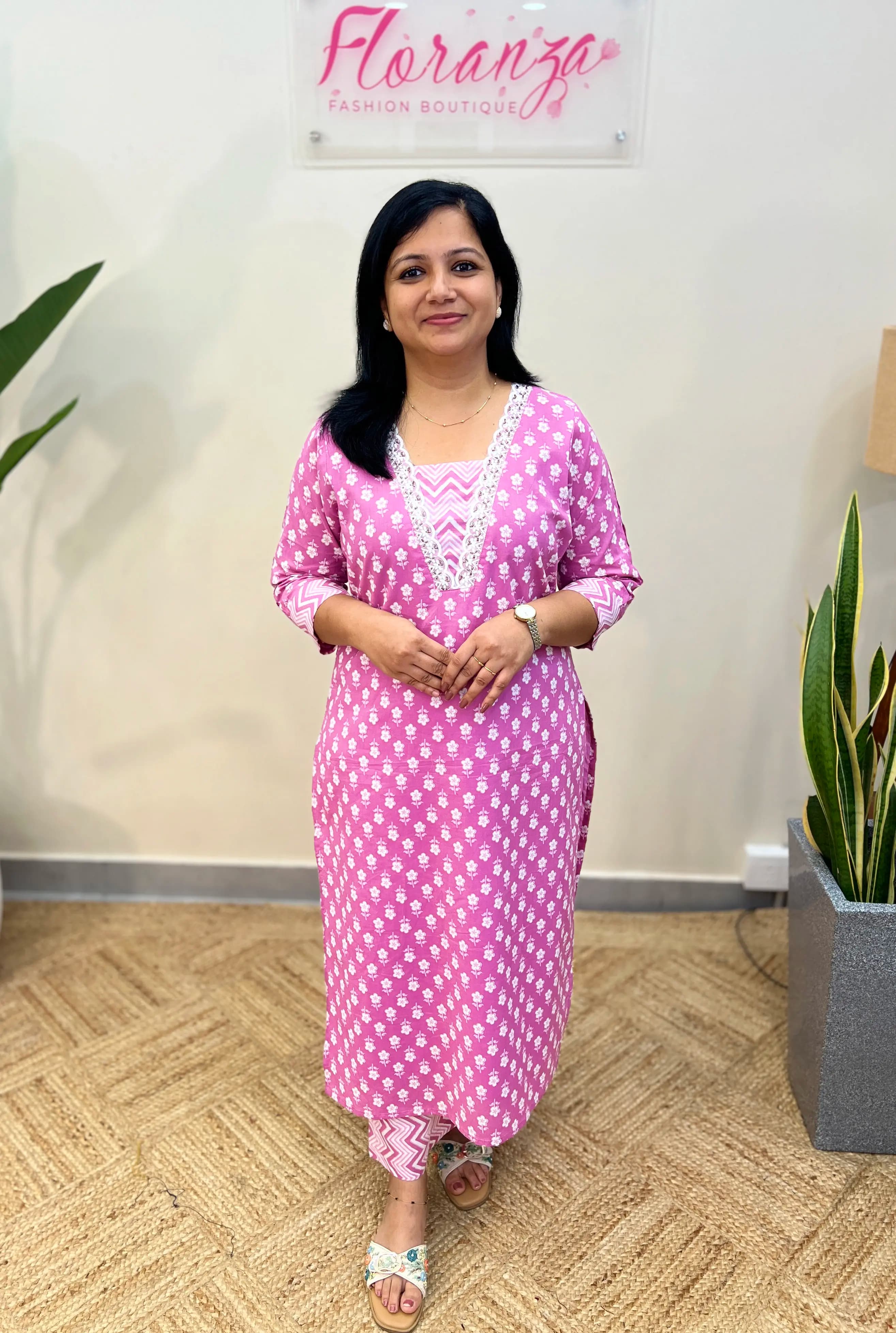 Florista 2 Piece Set In Printed Cotton - Pink n White