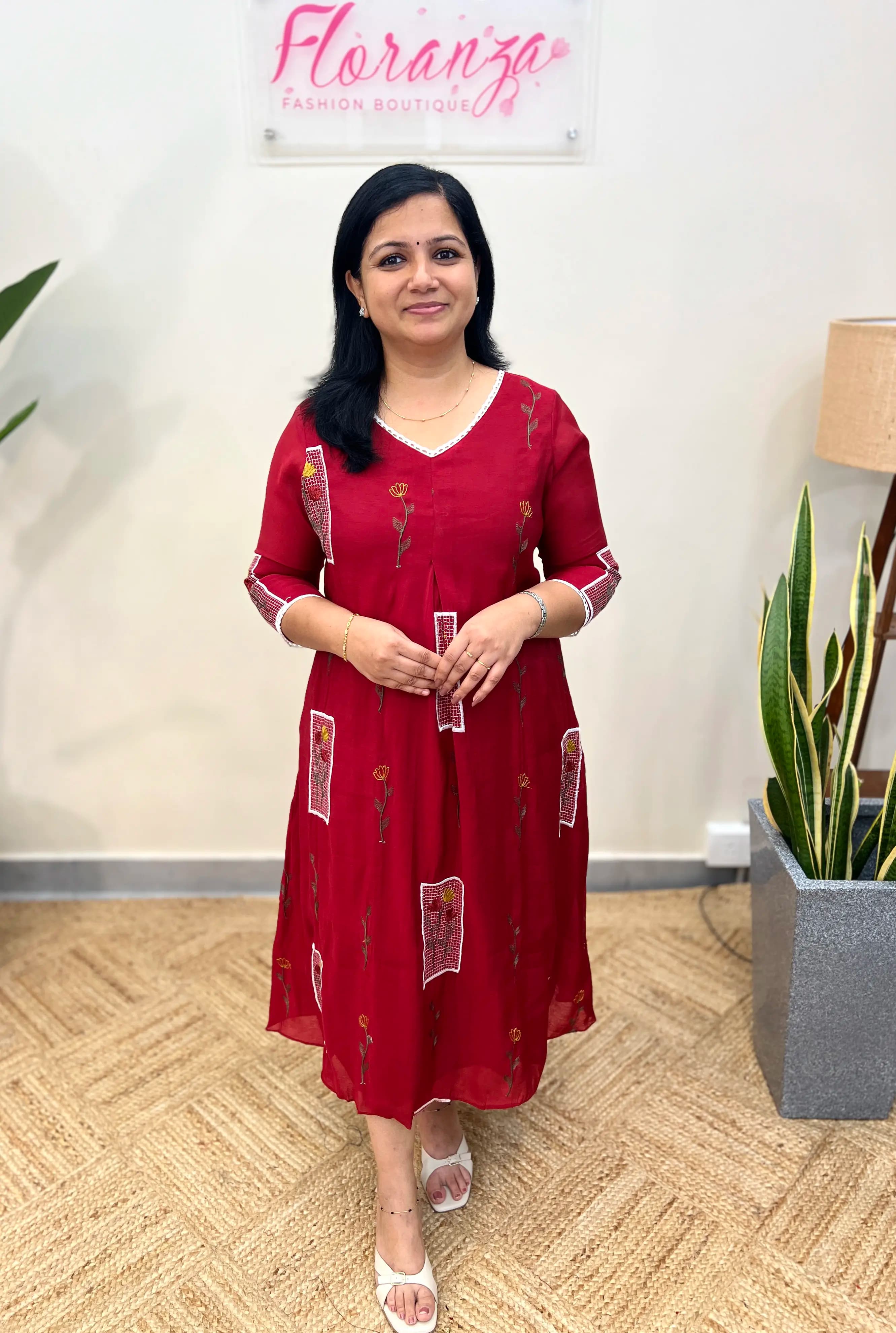Florista Kurti In Mul-Chanderi - Chilli Red