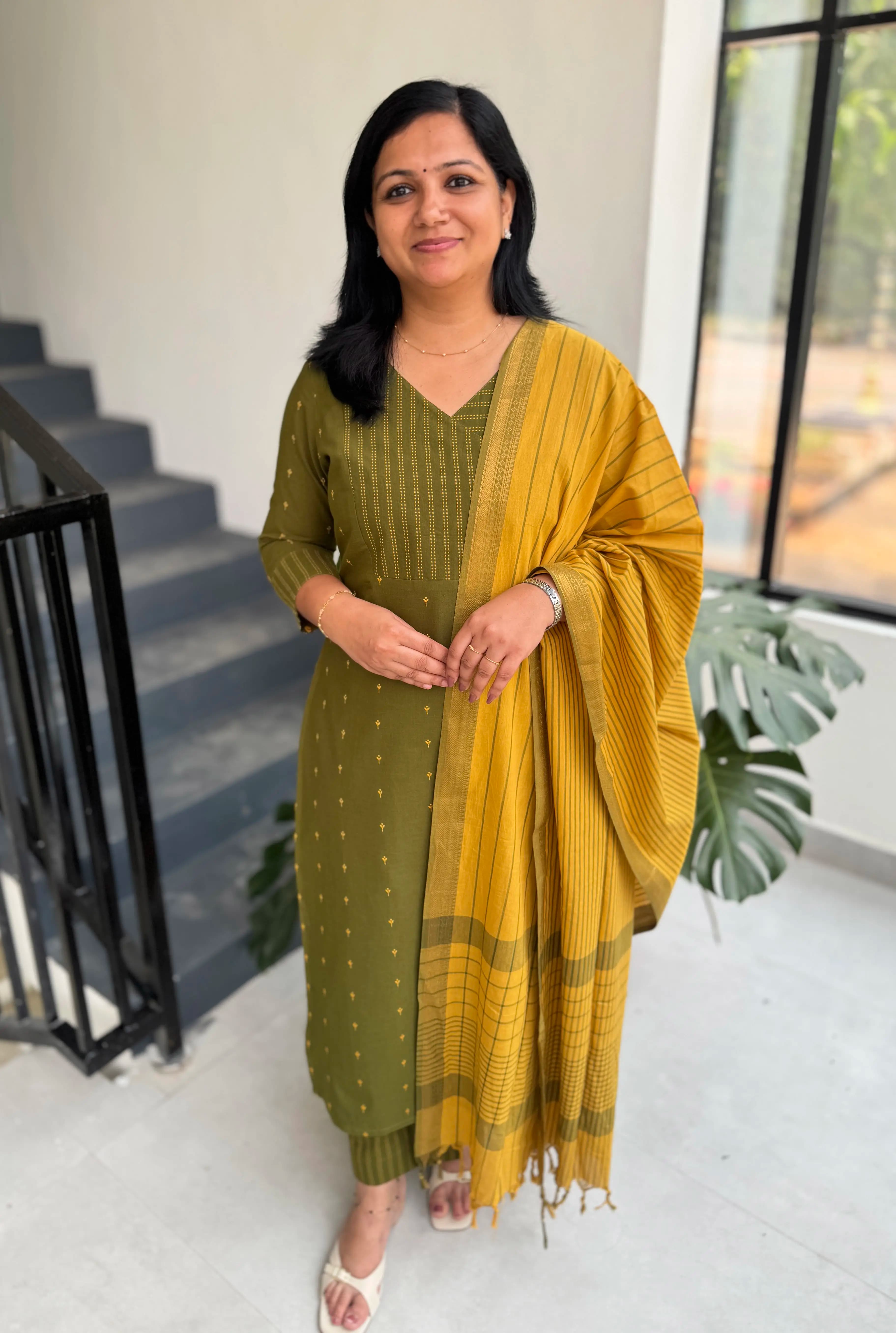 Florista 3 Piece Set in Weaved Cotton - Olive Green mix Mustard Yellow