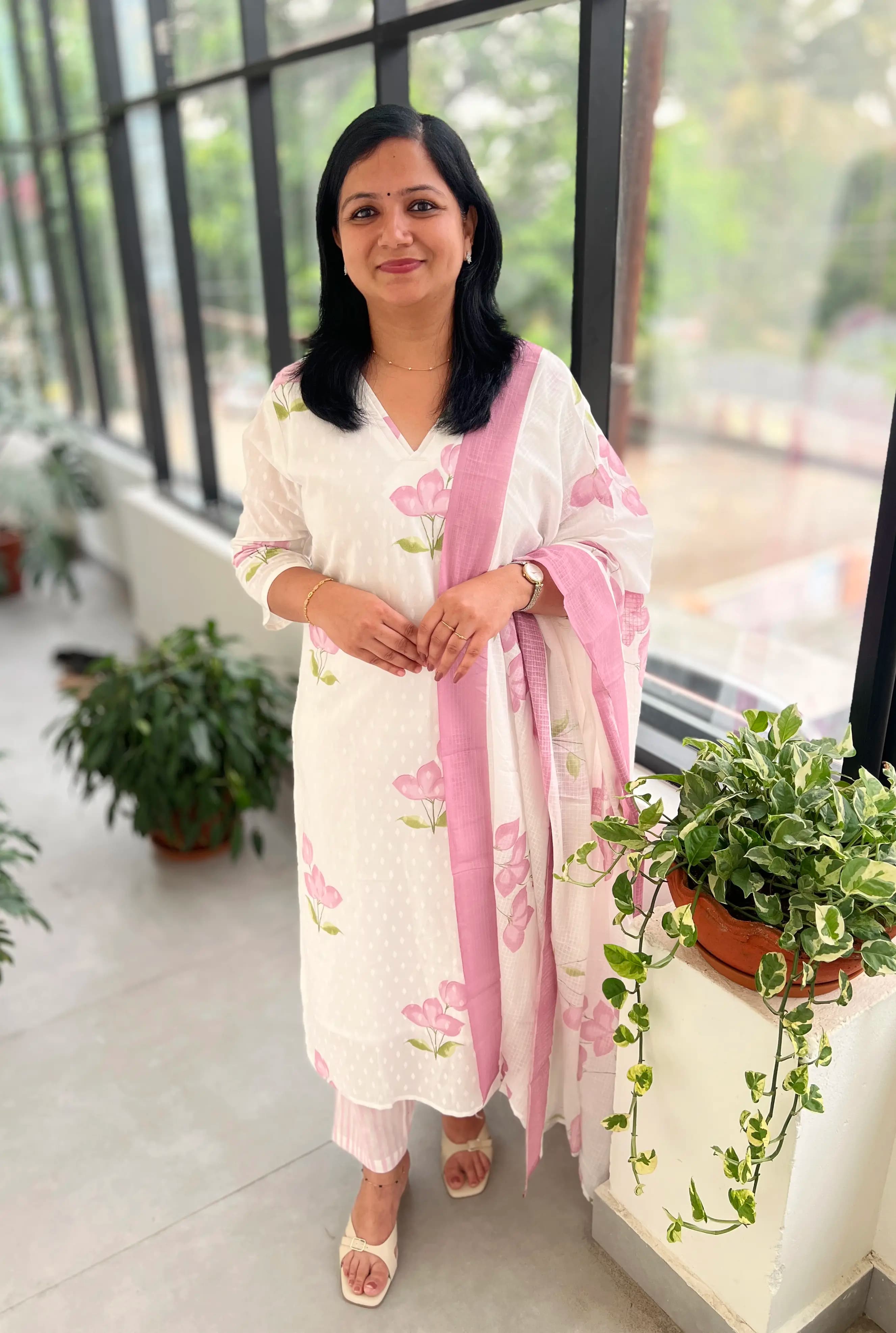 3 Piece Set in  Jaipur Cotton - White n Onion Pink