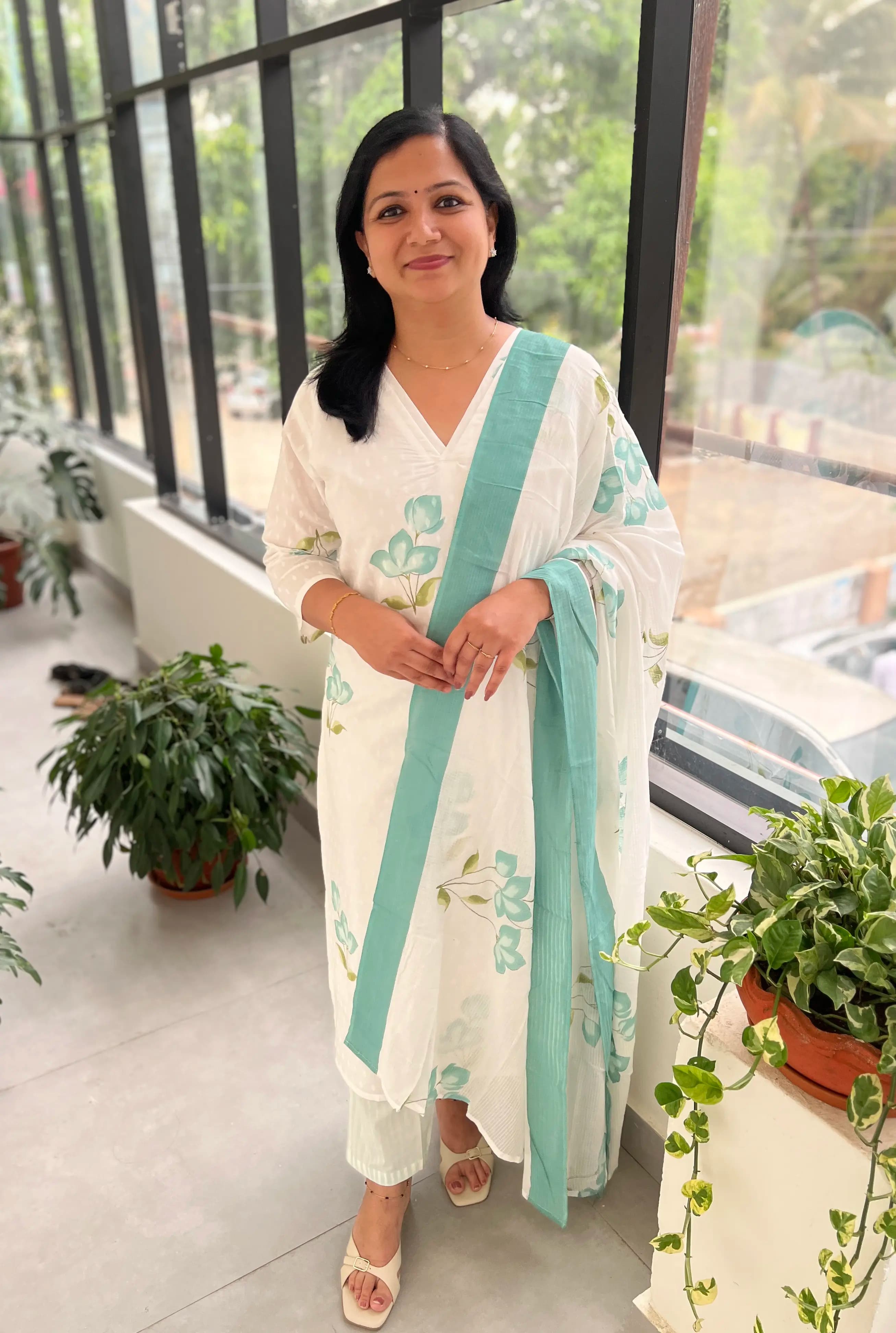 3 Piece Set in  Jaipur Cotton - White n Light Teal Green